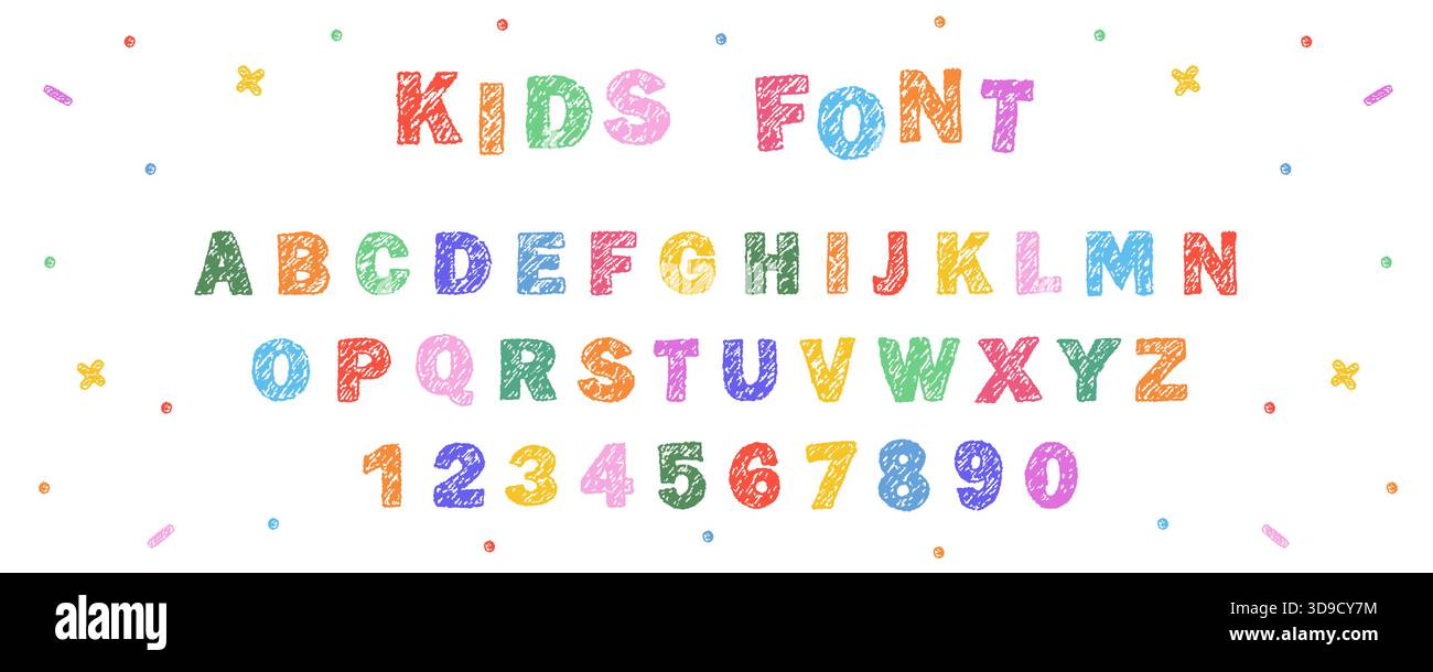 Pastello dell'alfabeto inglese. Carattere di composizione divertente. Scarabocchi divertenti e infantili. Testo con trama a matita disegnata a mano. Illustrazione vettoriale Illustrazione Vettoriale