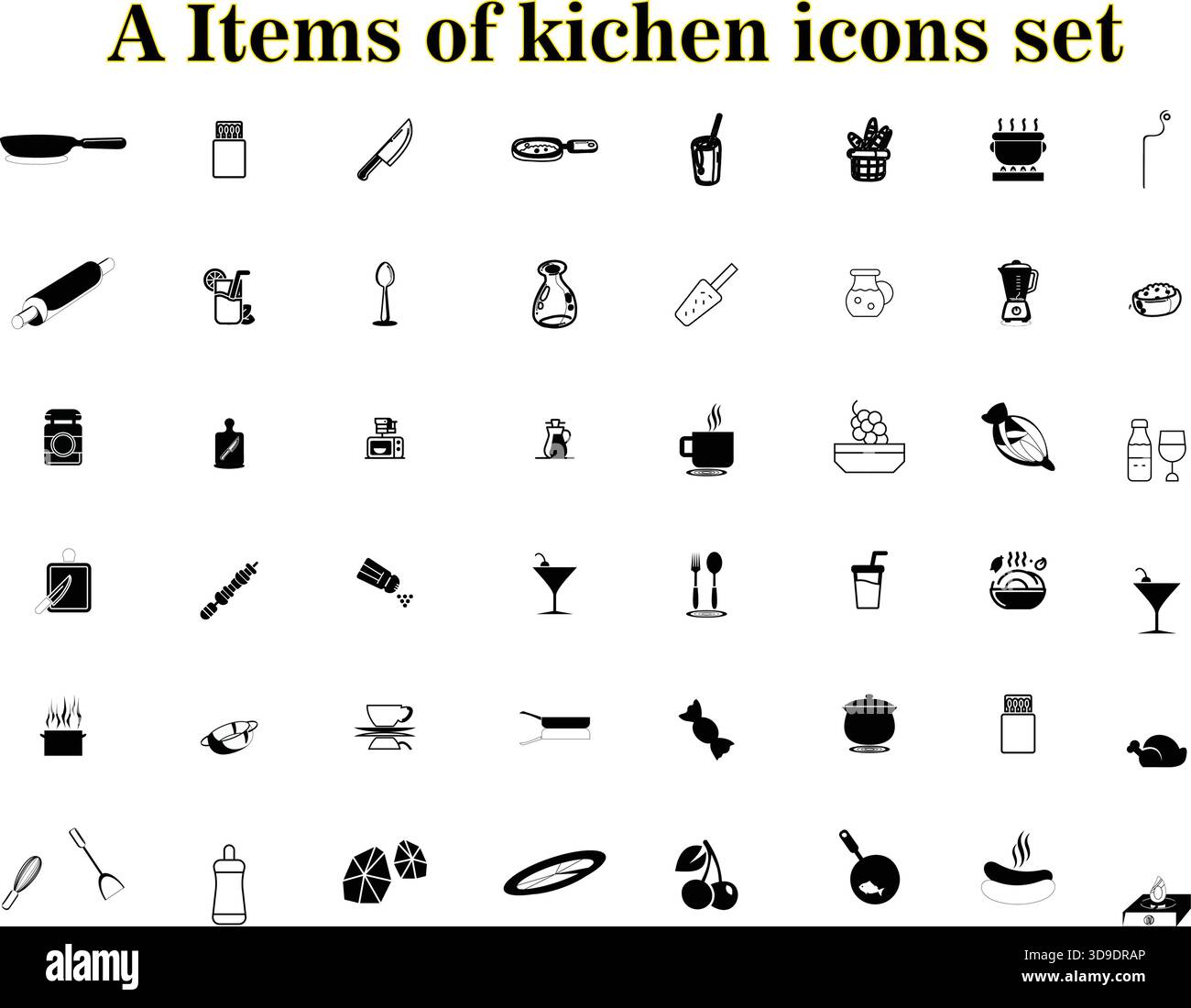 "Set di utensili da cucina e icone della linea alimentare - utensili da cucina pacchetto vettore ristorante" Illustrazione Vettoriale