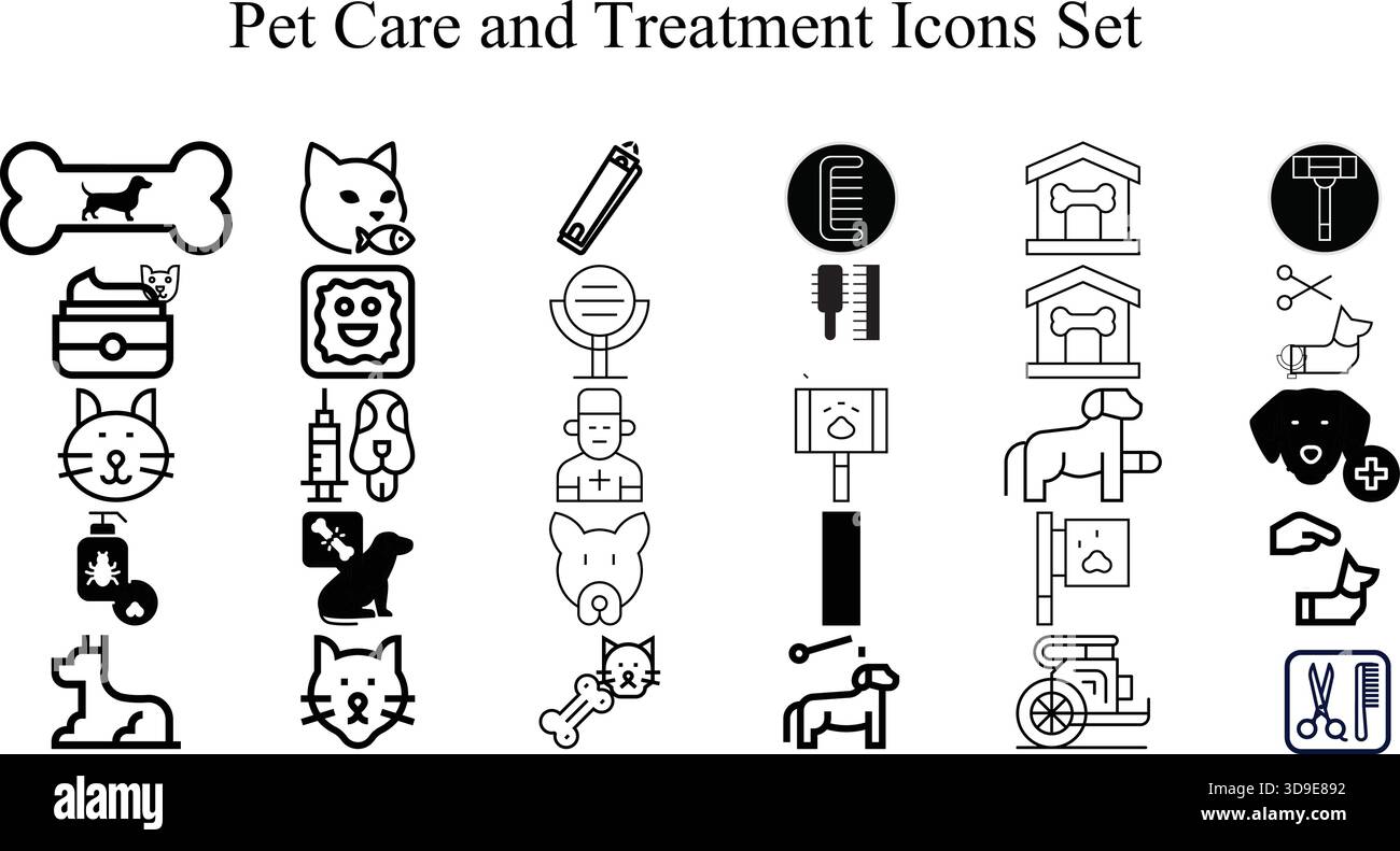 "Set di icone per la cura e la cura del corpo degli animali domestici – pacchetto vettoriale per il trattamento veterinario Dog Cat" Illustrazione Vettoriale