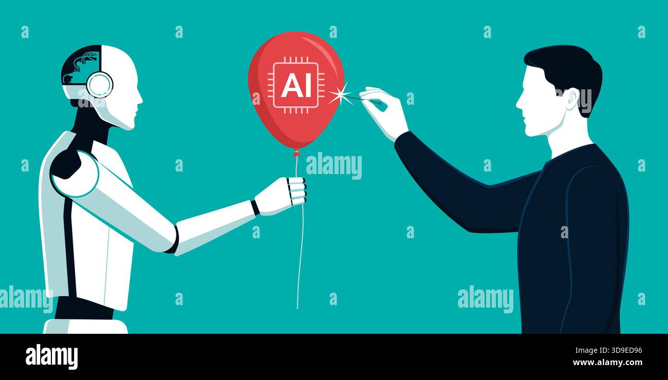 Robot che tiene in mano un pallone e uomo che lo fa esplodere con una spilla: Il concetto di esplosione di bolle AI Illustrazione Vettoriale