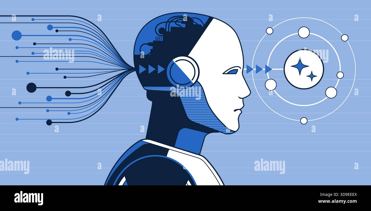 Apprendimento e generazione di nuovi contenuti da parte dei robot AI: Concetto di deep learning e reti neurali Illustrazione Vettoriale