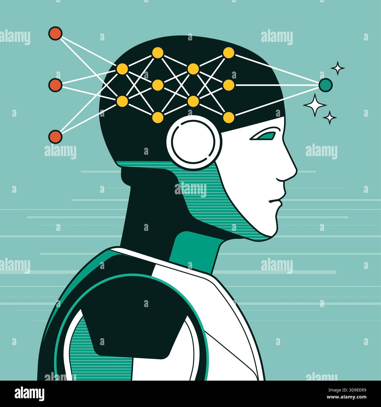 Reti neurali e deep learning: Robot AI addestrato su set di dati e generazione di nuovi contenuti Illustrazione Vettoriale