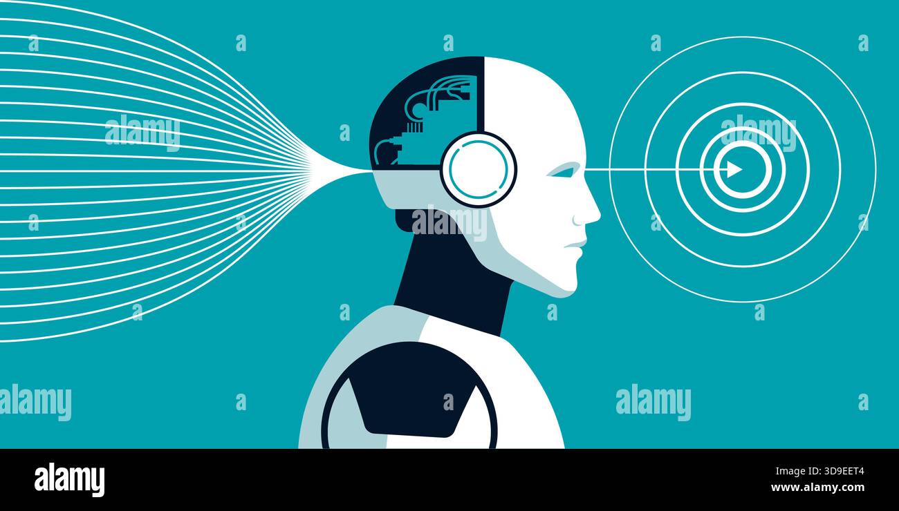 Robot AI addestrato su set di dati e generazione di nuovi contenuti, concetto di deep learning Illustrazione Vettoriale