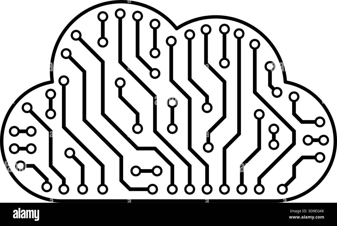 Scheda a circuito stampato a forma di cloud: Concetto di cloud computing, dati e hosting, isolato Illustrazione Vettoriale