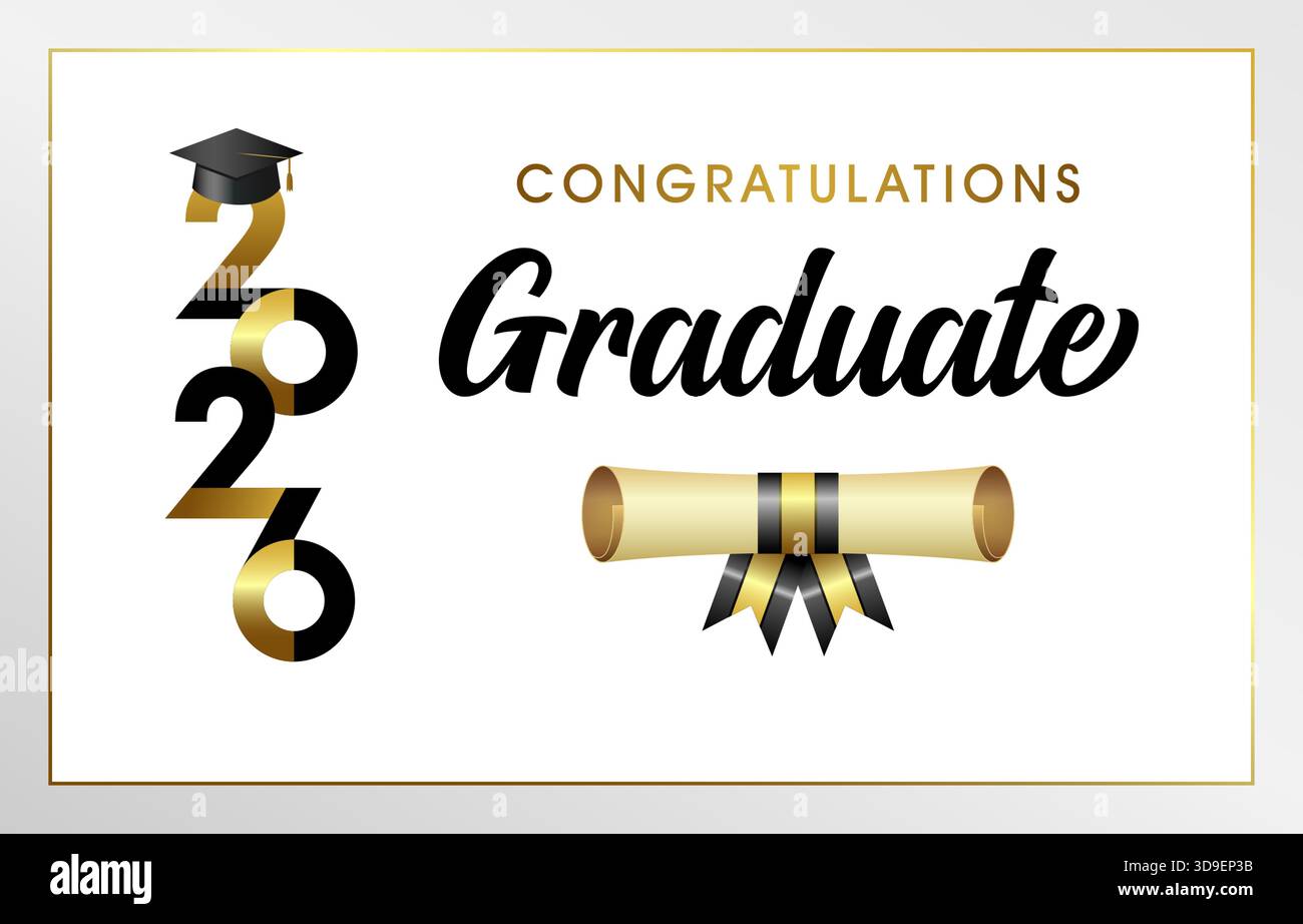 Congratulazioni: Design del biglietto d'auguri laureato 2026 con elementi dorati, cappello 3D, numero verticale creativo e scorrimento del diploma. Illustrazione Vettoriale