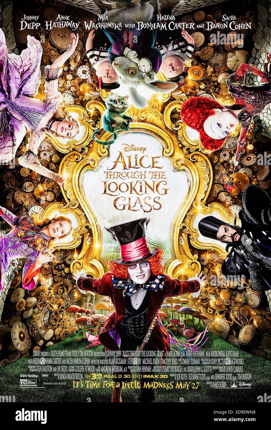 Alice Through the Looking Glass (2016), diretto da James Bobin e interpretato da mia Wasikowska, Johnny Depp e Anne Hathaway. Alice torna nel Paese delle meraviglie e viaggia indietro nel tempo per salvare la famiglia del Cappellaio Matto e ripristinare l'equilibrio nel regno. Fotografia di un poster originale del 2016 USA a un foglio SOLO PER USO EDITORIALE. Crediti: BFA / Walt Disney Studios Motion Pictures Foto Stock