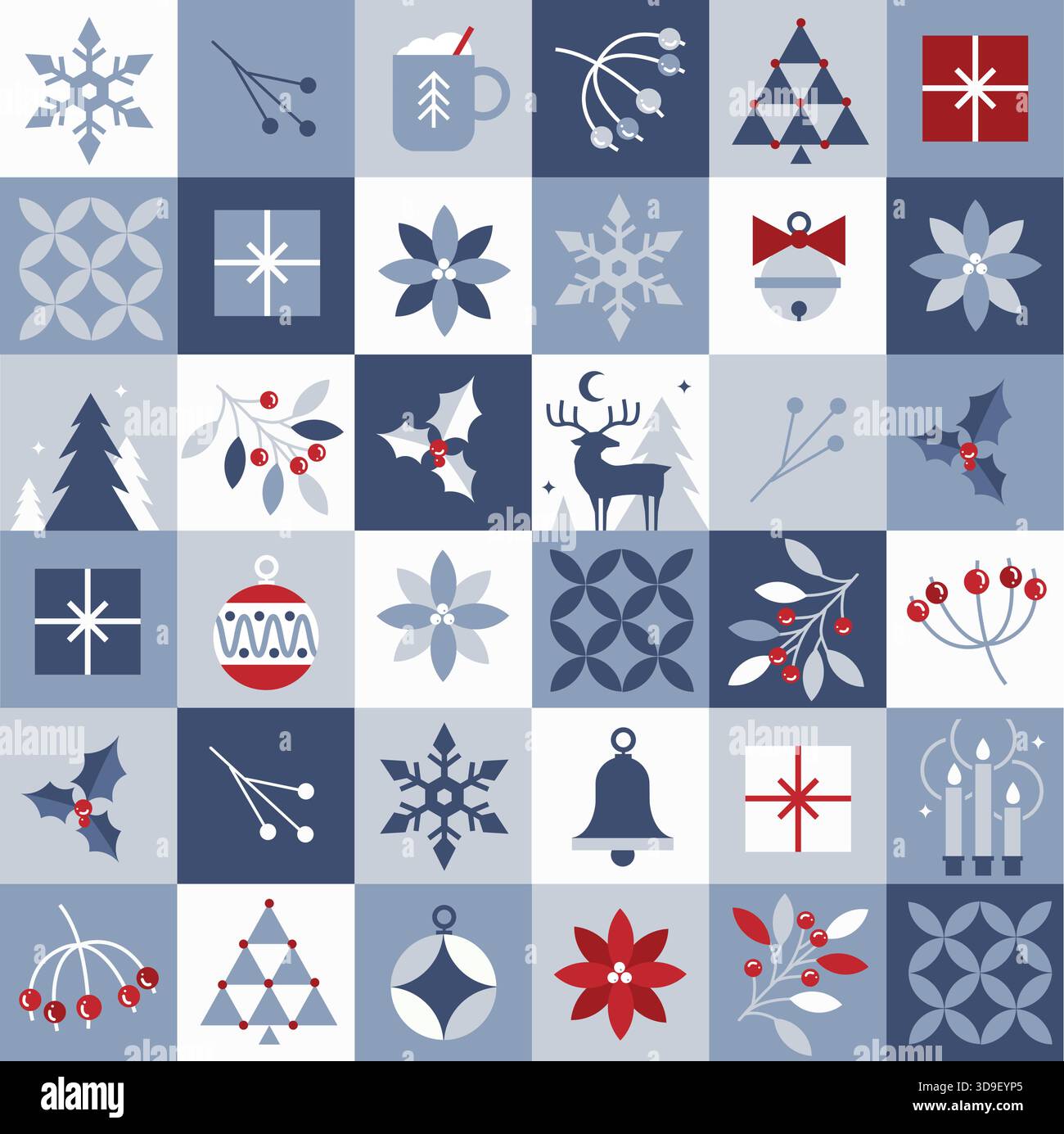 Motivo a mosaico vettoriale natalizio senza cuciture con icone geometriche stilizzate: Baule, palle di neve, candele, abeti, neve, scatole regalo, renne, vischio Illustrazione Vettoriale