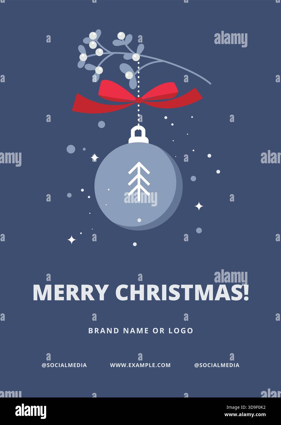 Elegante biglietto d'auguri natalizio con un bauble e un cameriere d'argento su sfondo blu Illustrazione Vettoriale