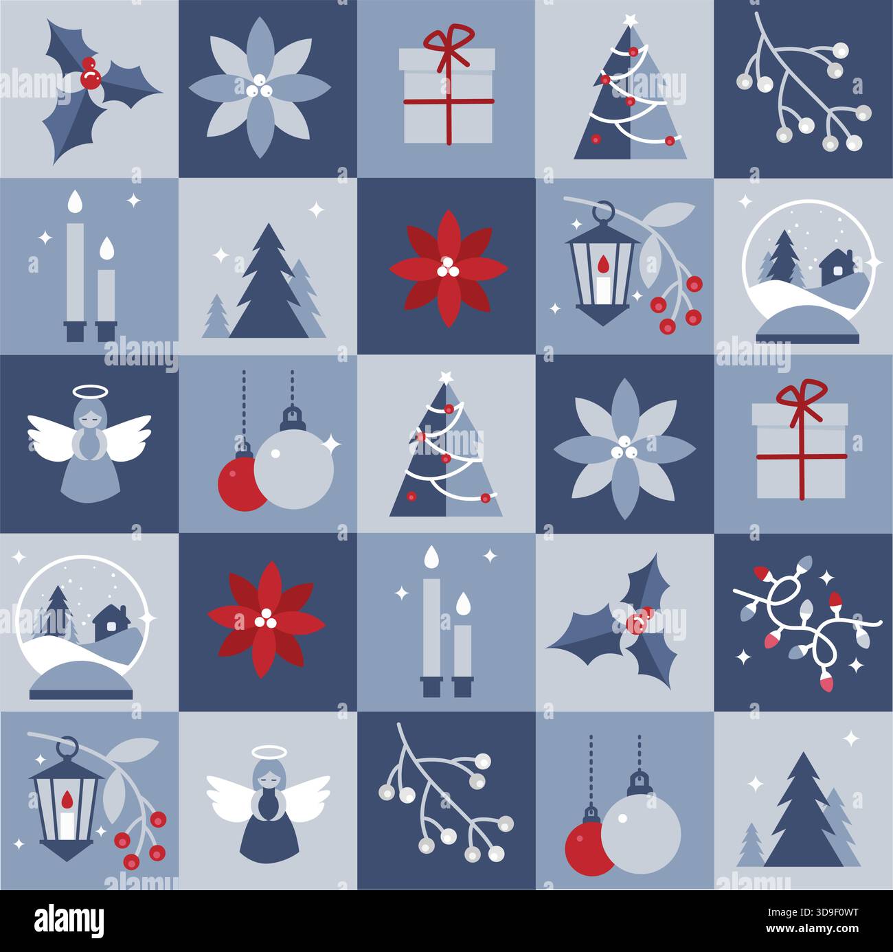 Motivo natalizio Vector senza cuciture con icone geometriche stilizzate: Baule, palle di neve, alberi di Natale, candele, alberi di Fir, neve, scatole regalo Illustrazione Vettoriale