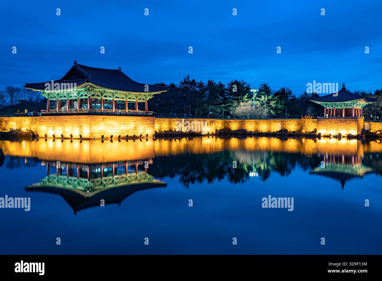 Vista notturna e panoramica dei padiglioni illuminati di Donggung e Wolji Pond Foto Stock