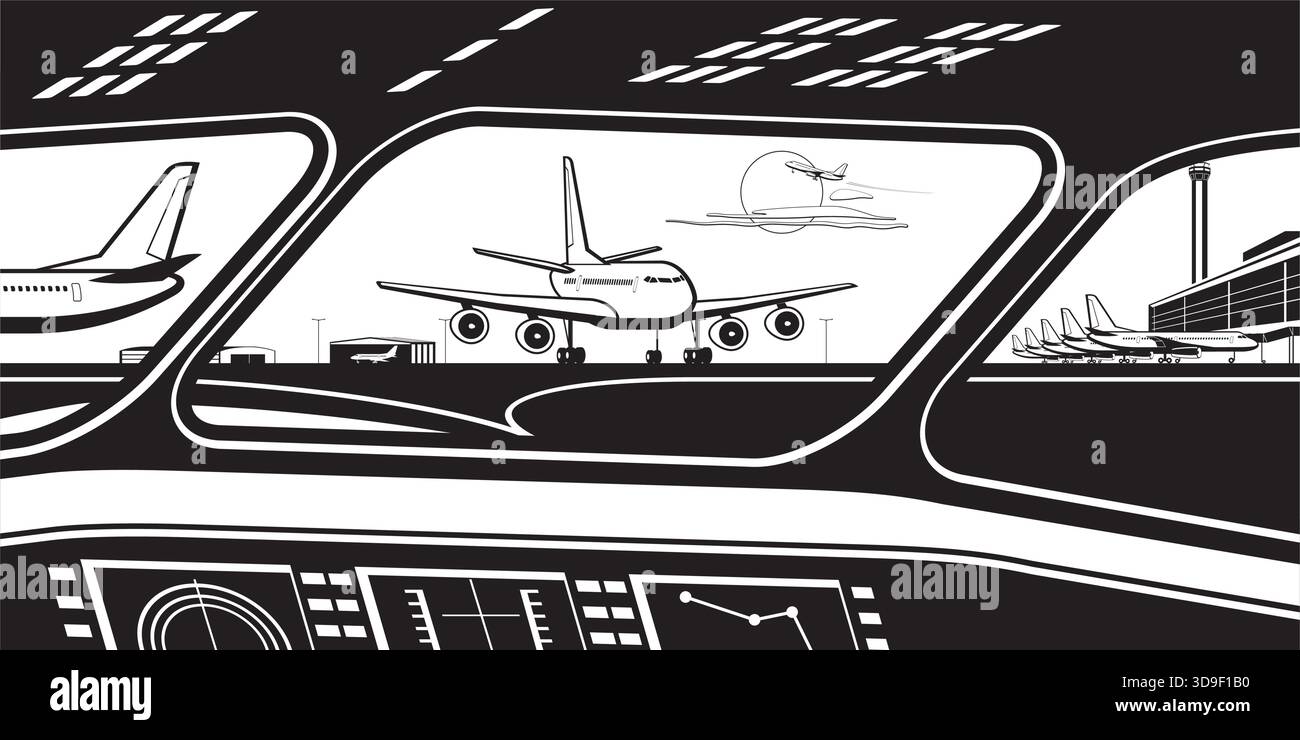 Vista del terminal dell'aeroporto dalla cabina di pilotaggio dell'aereo - illustrazione vettoriale Illustrazione Vettoriale