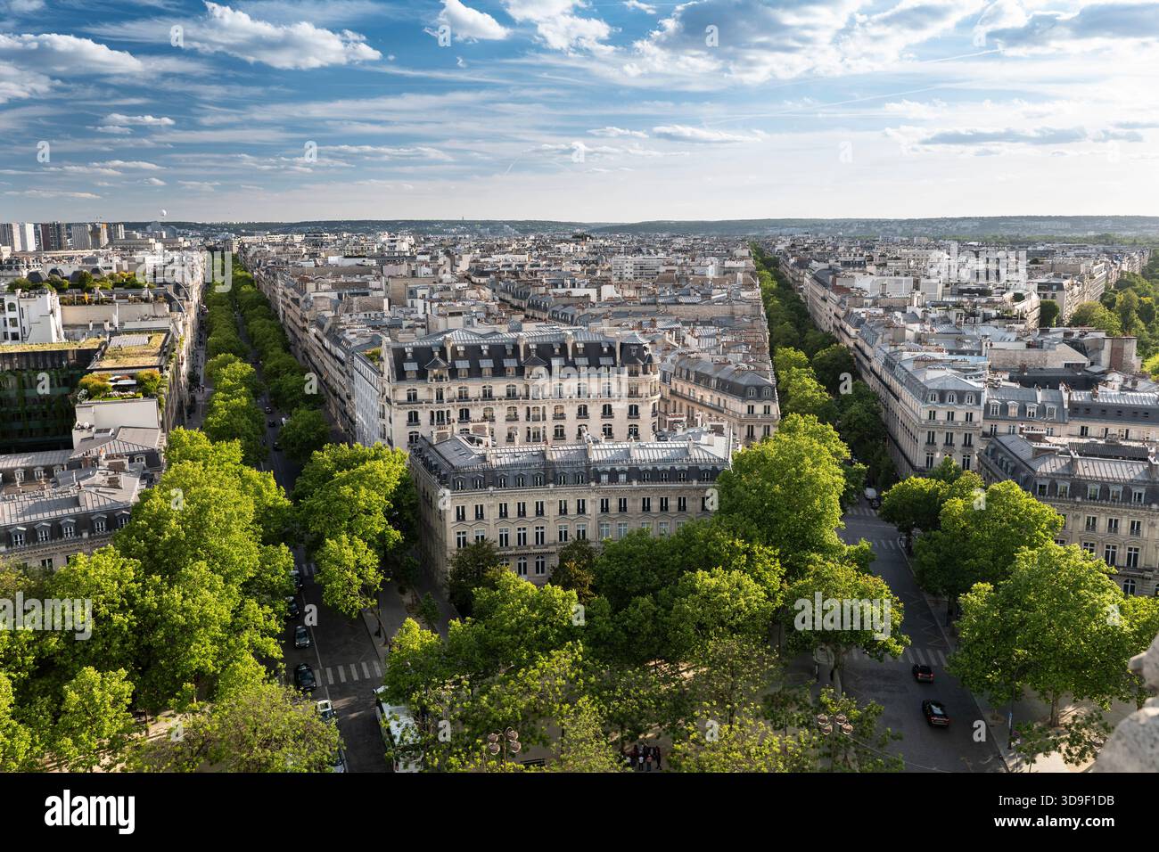 Parigi Francia architettura di appartamenti storici lungo viali alberati Foto Stock