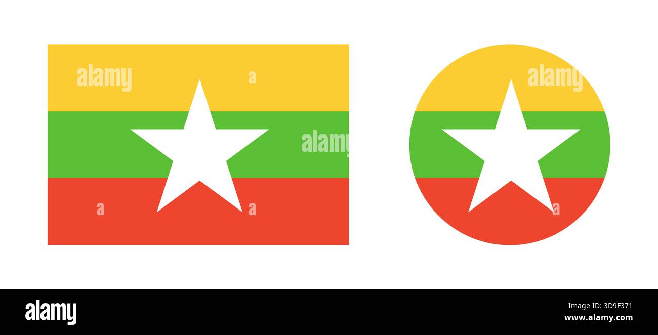 Icone piatte della bandiera del Myanmar. Bandiera nazionale tonda rettangolare di sfondo Myanmar. Set di cerchio, bandiera rettangolare del Myanmar. Pulsante semplice, distintivo Illustrazione Vettoriale