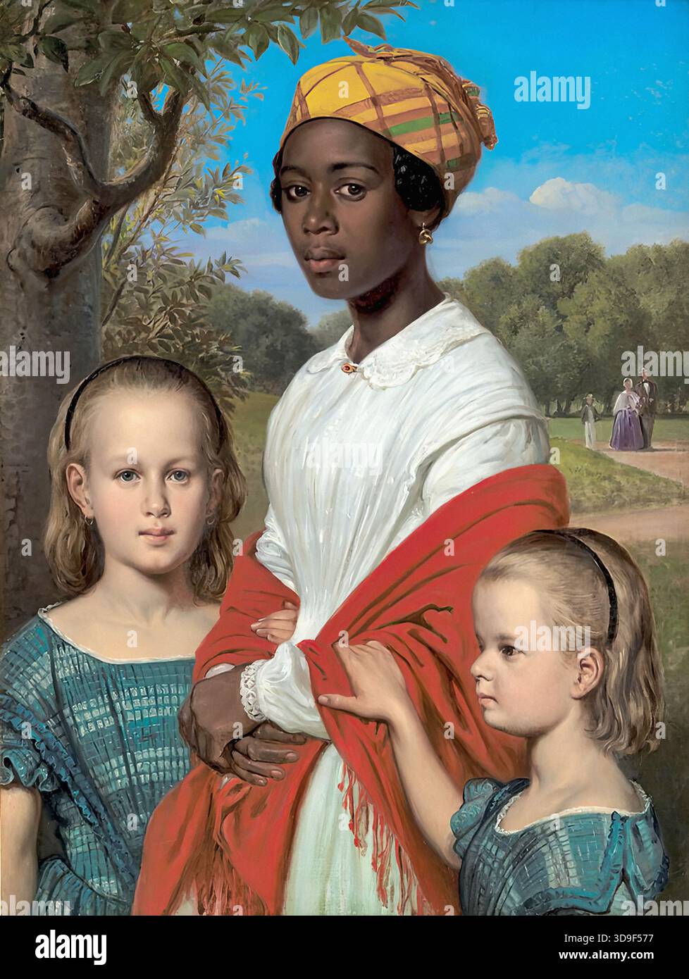 Nicolai Wilhelm Marstrand - le due Figlie del fratello dell'artista otto e la loro tata delle Indie occidentali, Justina, nei giardini di Frederiksberg, vicino a Copenaghen 1 Foto Stock