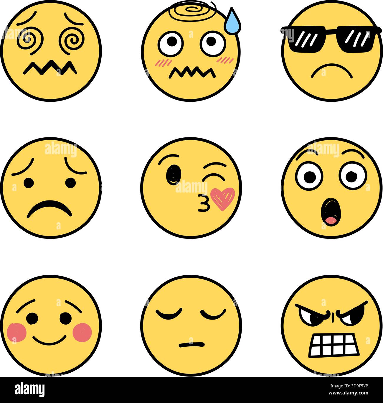 Le icone dei volti delle emoji impostano la raccolta in stile disegnato a mano. Schiaccia l'illustrazione vettoriale delle emoticon su sfondo isolato. Faccia felice e triste firma affari c Illustrazione Vettoriale