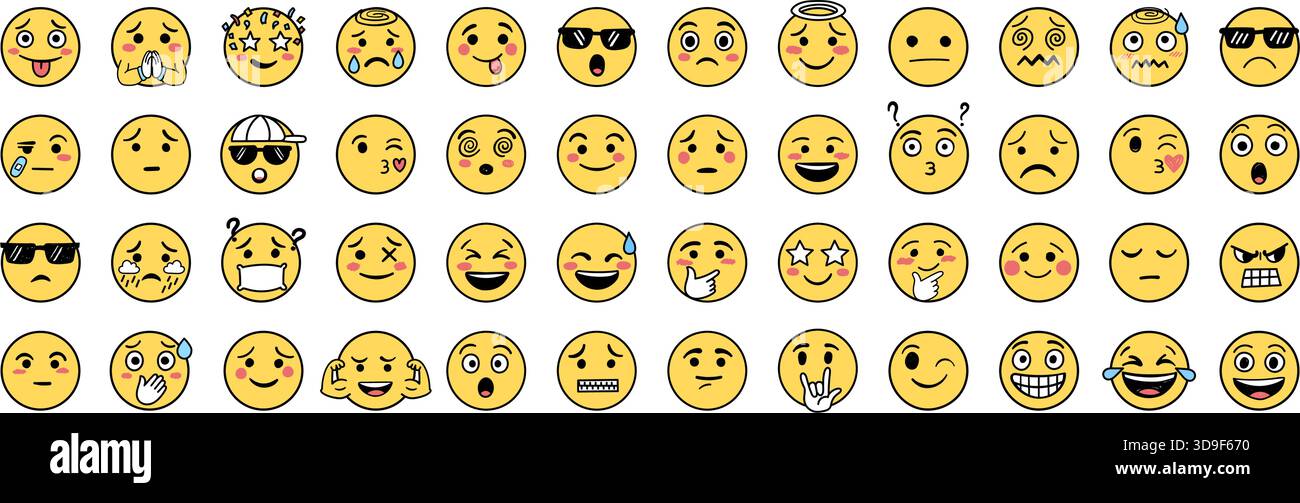 Le icone dei volti delle emoji impostano la raccolta in stile disegnato a mano. Schiaccia l'illustrazione vettoriale delle emoticon su sfondo isolato. Faccia felice e triste firma affari c Illustrazione Vettoriale