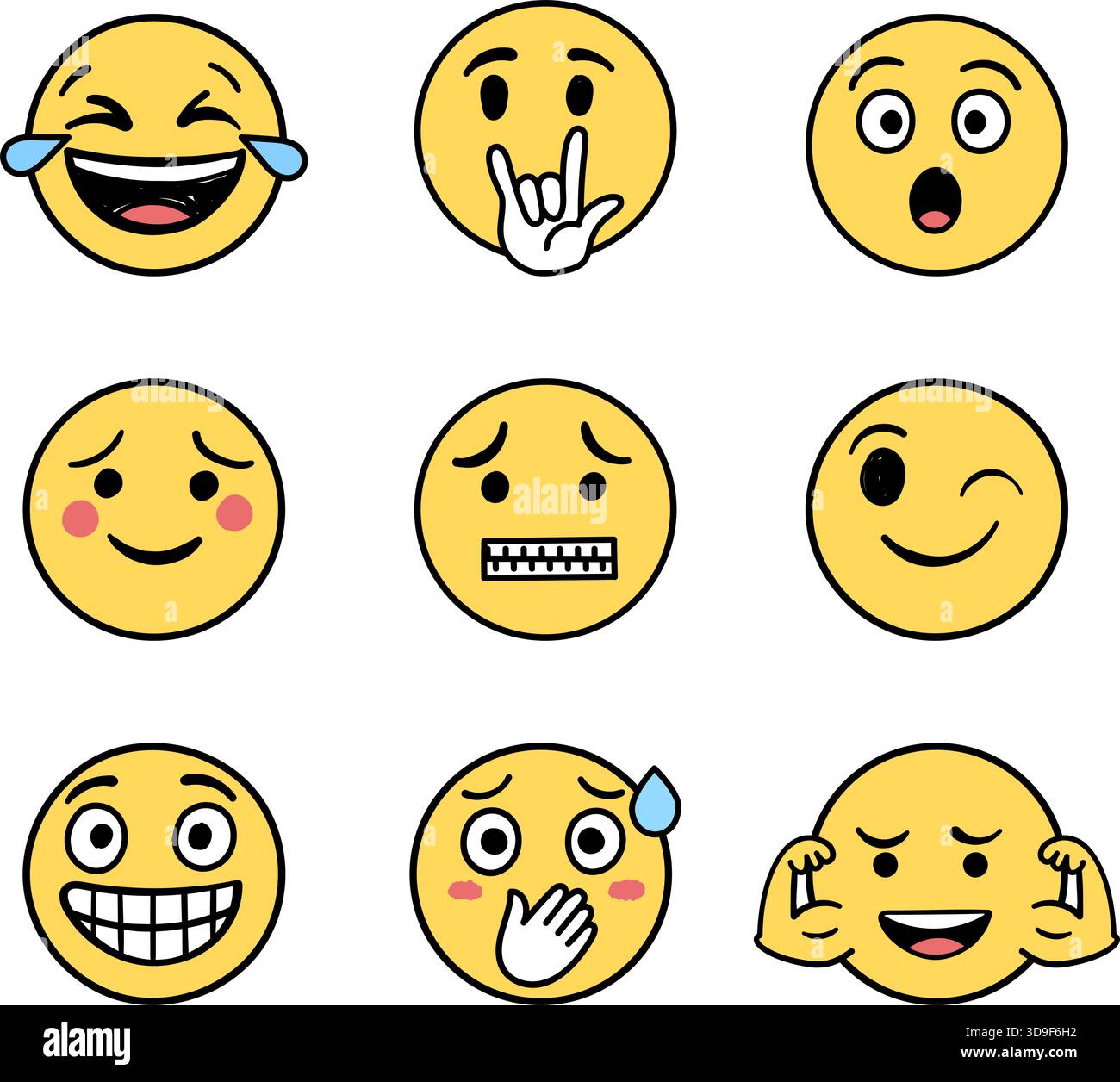 Le icone dei volti delle emoji impostano la raccolta in stile disegnato a mano. Schiaccia l'illustrazione vettoriale delle emoticon su sfondo isolato. Faccia felice e triste firma affari c Illustrazione Vettoriale