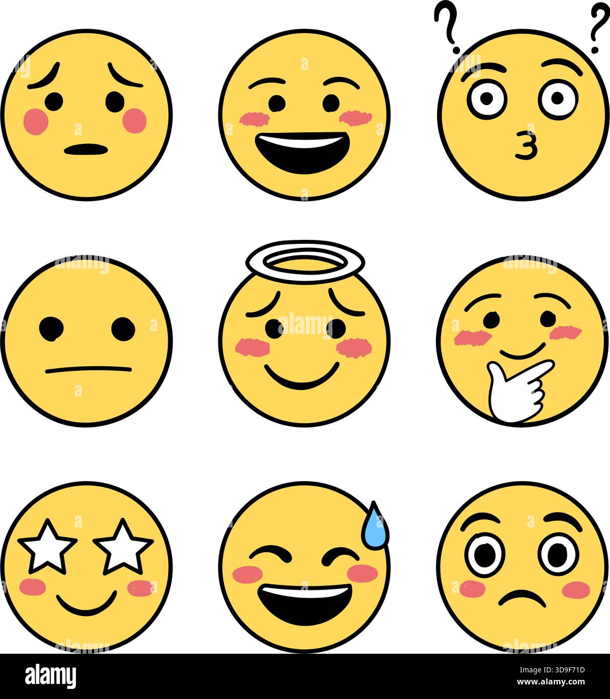Le icone dei volti delle emoji impostano la raccolta in stile disegnato a mano. Schiaccia l'illustrazione vettoriale delle emoticon su sfondo isolato. Faccia felice e triste firma affari c Illustrazione Vettoriale