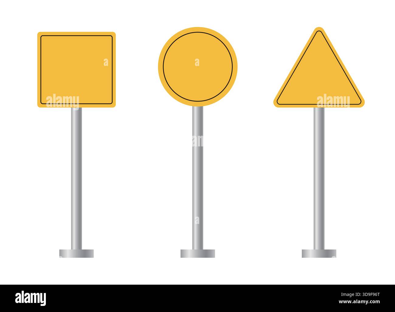 Una serie vettoriale di tre forme di segnaletica stradale di base, tra cui un cartello quadrato giallo e un segnale circolare giallo Illustrazione Vettoriale