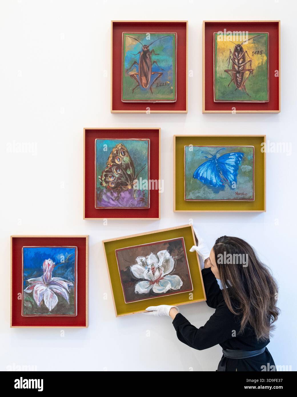 Londra, Regno Unito. 5 dicembre 2025. Un membro dello staff adegua ’Magnolia 1726’, 2025, all’apertura di Oswaldo Maciá: Migratory Movements, una nuova mostra dell’artista colombiano Oswaldo Maciá presso la galleria Elizabeth Xi Bauer di Exmouth Market. Le opere dell'artista esplorano l'ecologia, l'ambiente e il mondo naturale. Lo spettacolo si svolge fino al 15 febbraio 2026. Crediti: Stephen Chung / Alamy Live News Foto Stock