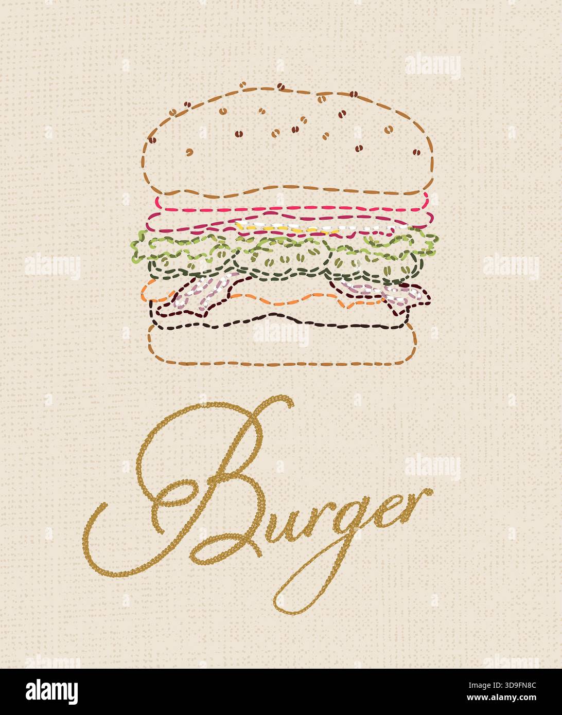Illustrazione Burger con iscrizione in disegno ricamato con fili multicolore su sfondo beige Illustrazione Vettoriale