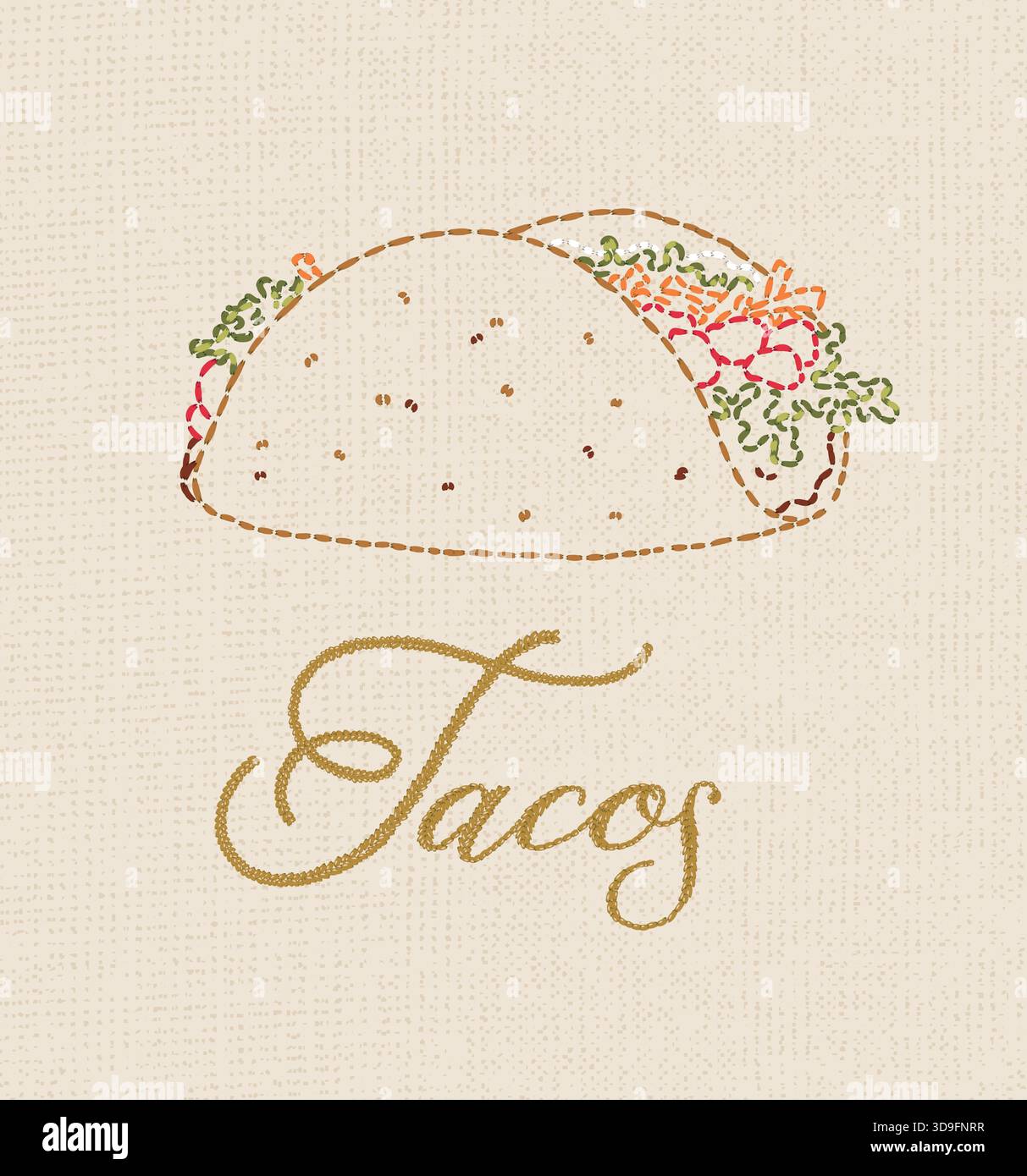 Illustrazione tacos con iscrizione in disegno ricamato con fili multicolore su sfondo beige Illustrazione Vettoriale