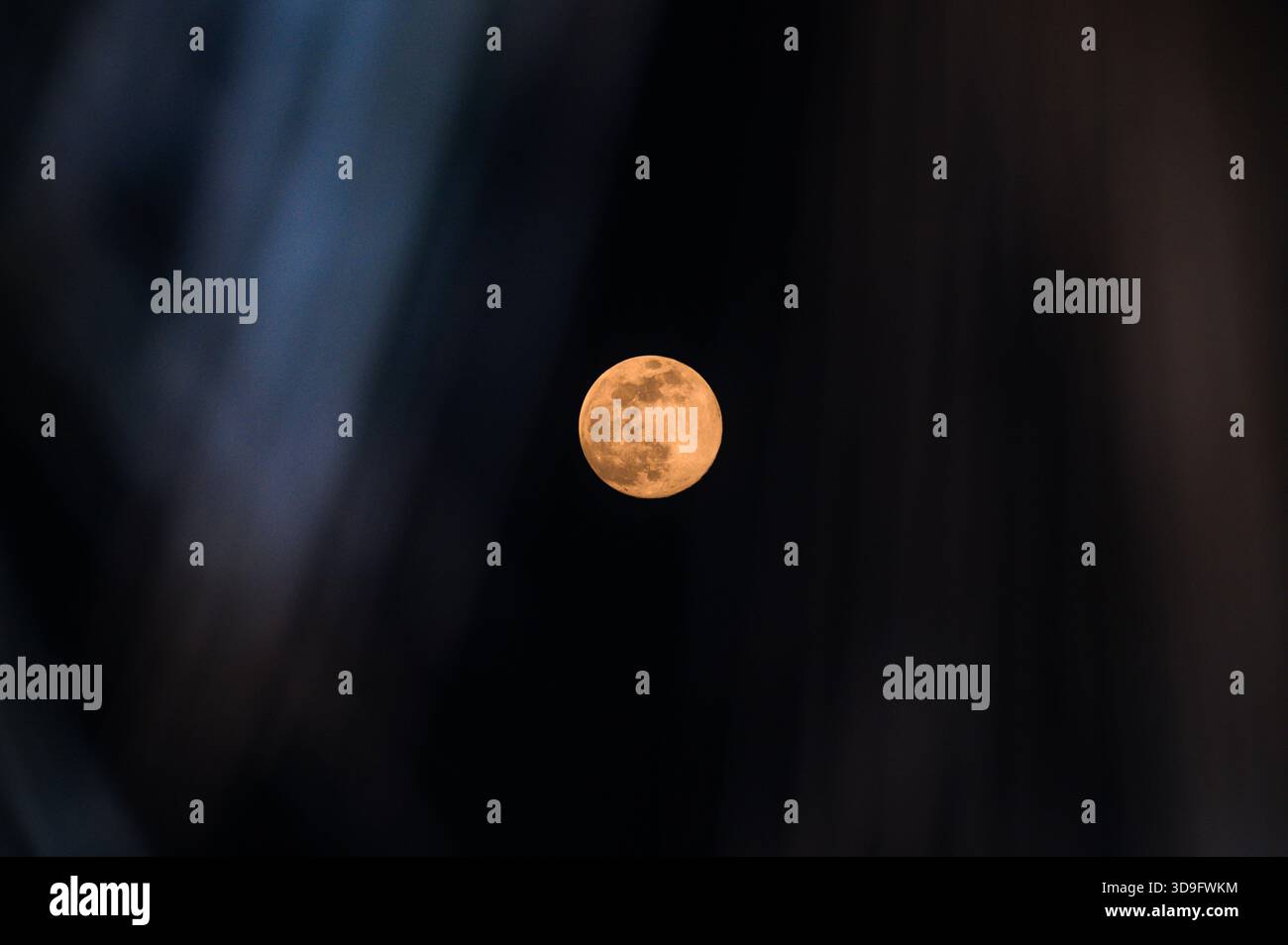 Tehatta, India. 4 dicembre 2025. L'ultima luna piena dell'anno, la Luna fredda, è una super luna visibile attraverso varie vegetazioni progettate, che si innalza a Tehatta e illumina il cielo notturno. Il nome "Luna fredda" riflette il calo delle temperature nell'emisfero settentrionale con l'arrivo dell'inverno. È anche chiamata la "Luna prima di Yule", che segna l'ultima luna piena prima di Natale. Questa super luna appare più grande e luminosa quando si avvicina al suo perigeo. (Foto di Soumyabrata Roy/Pacific Press) credito: Pacific Press Media Production Corp./Alamy Live News Foto Stock