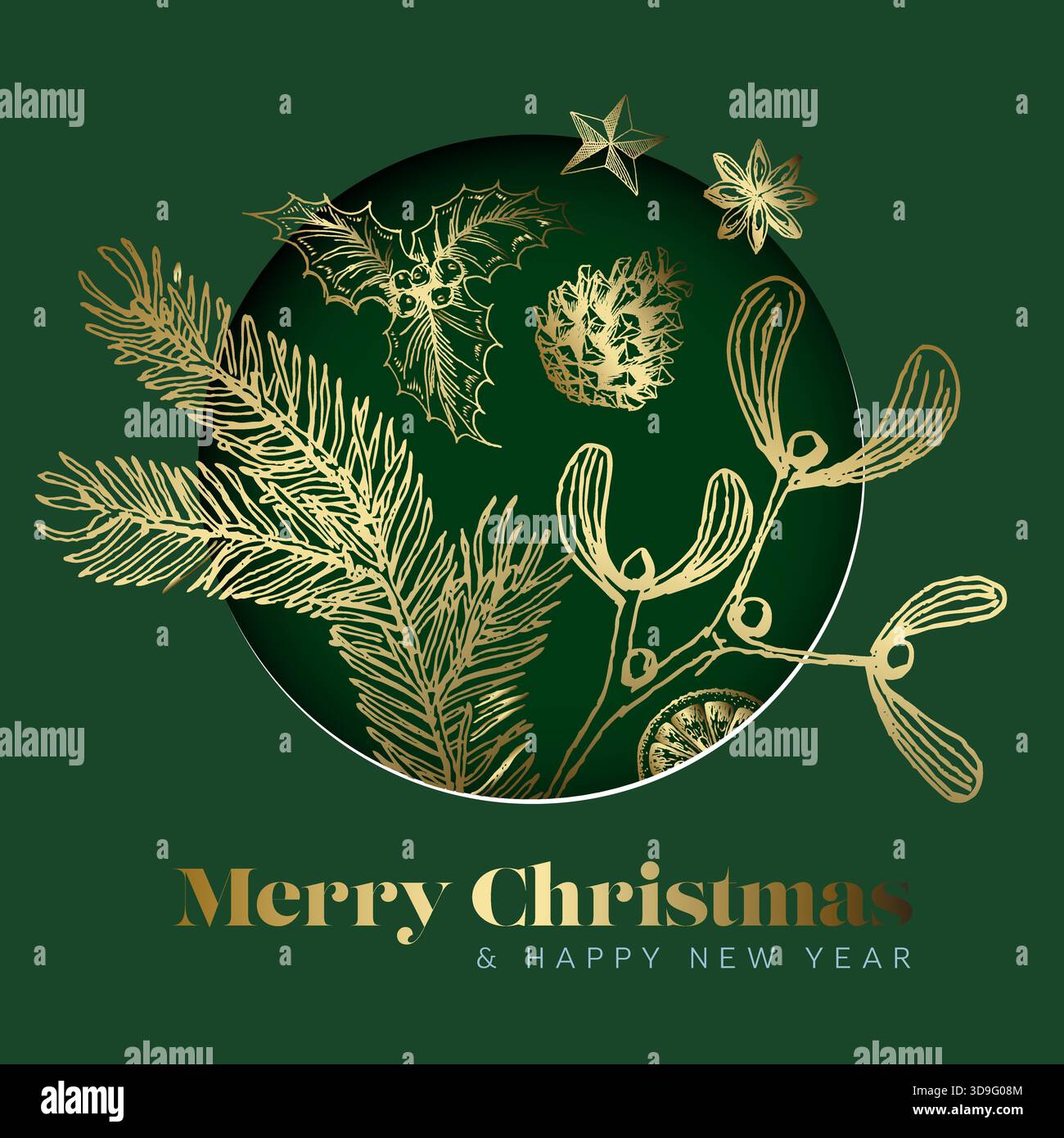 Un elegante biglietto d'auguri di buon Natale e felice anno nuovo con piante invernali dorate, disegnate a mano, come rami di pino, agrifoglio, pelo e pino Illustrazione Vettoriale