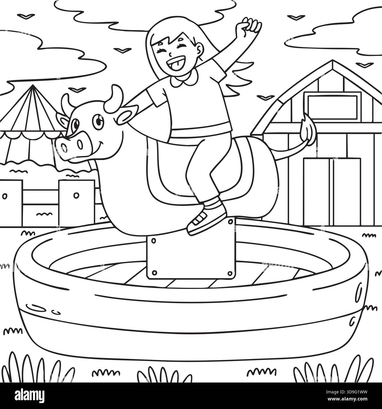 Parco divertimenti Girl Riding Mechanical Bull Illustrazione Vettoriale