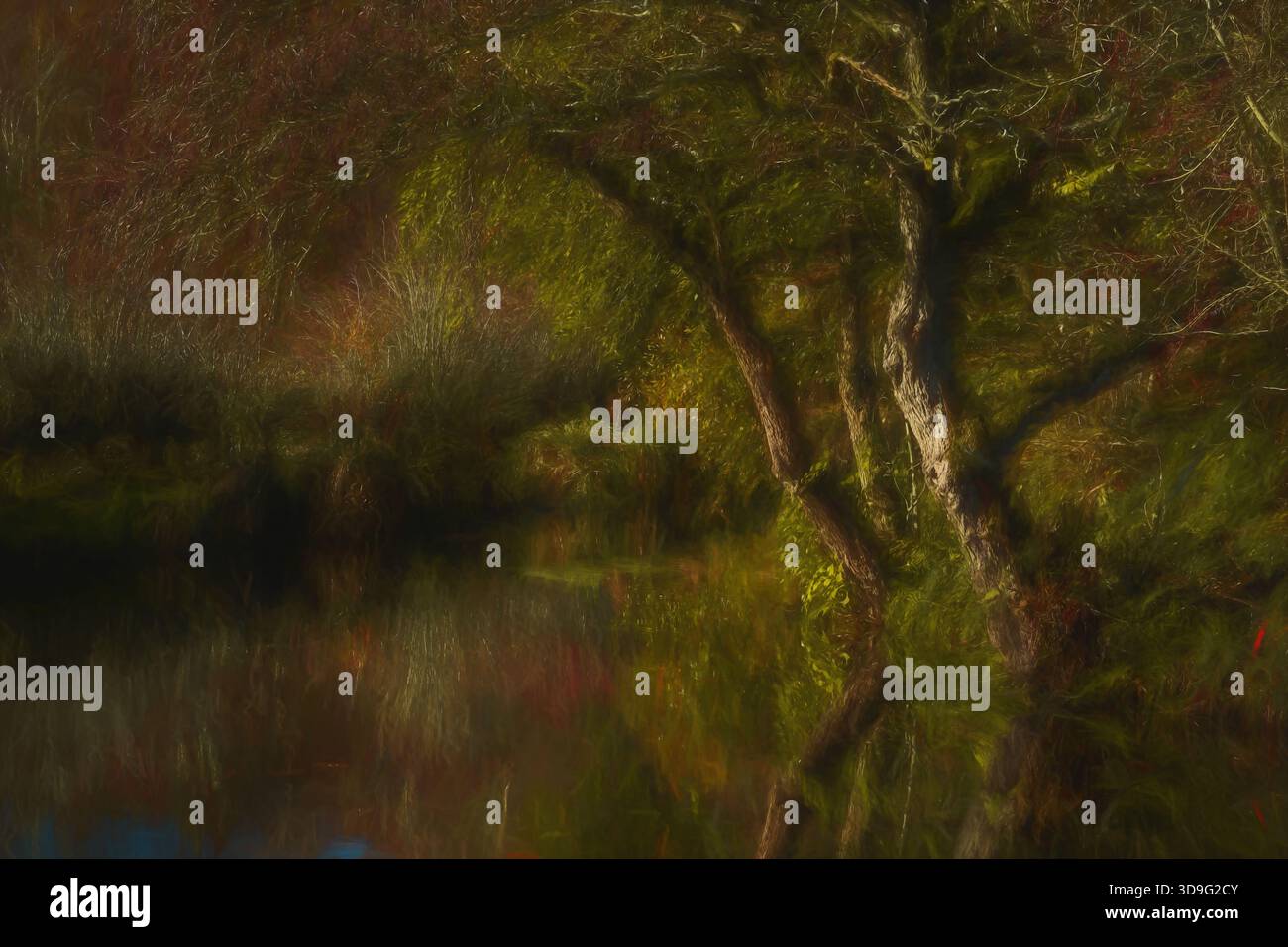 Vibrante illustrazione digitale autunnale dei colori degli alberi e delle foglie lungo il ramo di Leek del canale di Caldon nel Staffordshire, Inghilterra, Regno Unito. Foto Stock