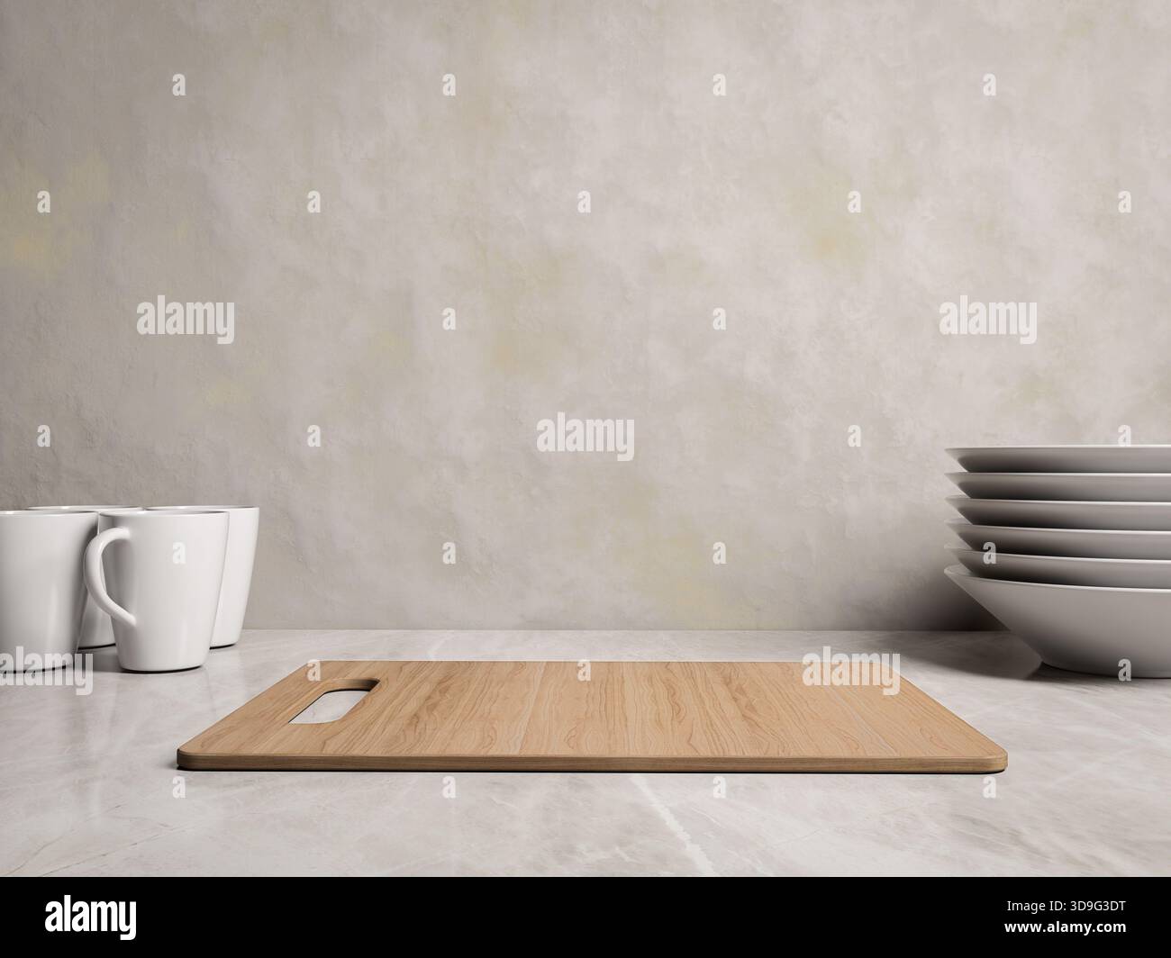 Piano d'appoggio vuoto 3D per sfondo fotografico alimentare, tagliere in legno mockup su banco cucina in marmo Foto Stock