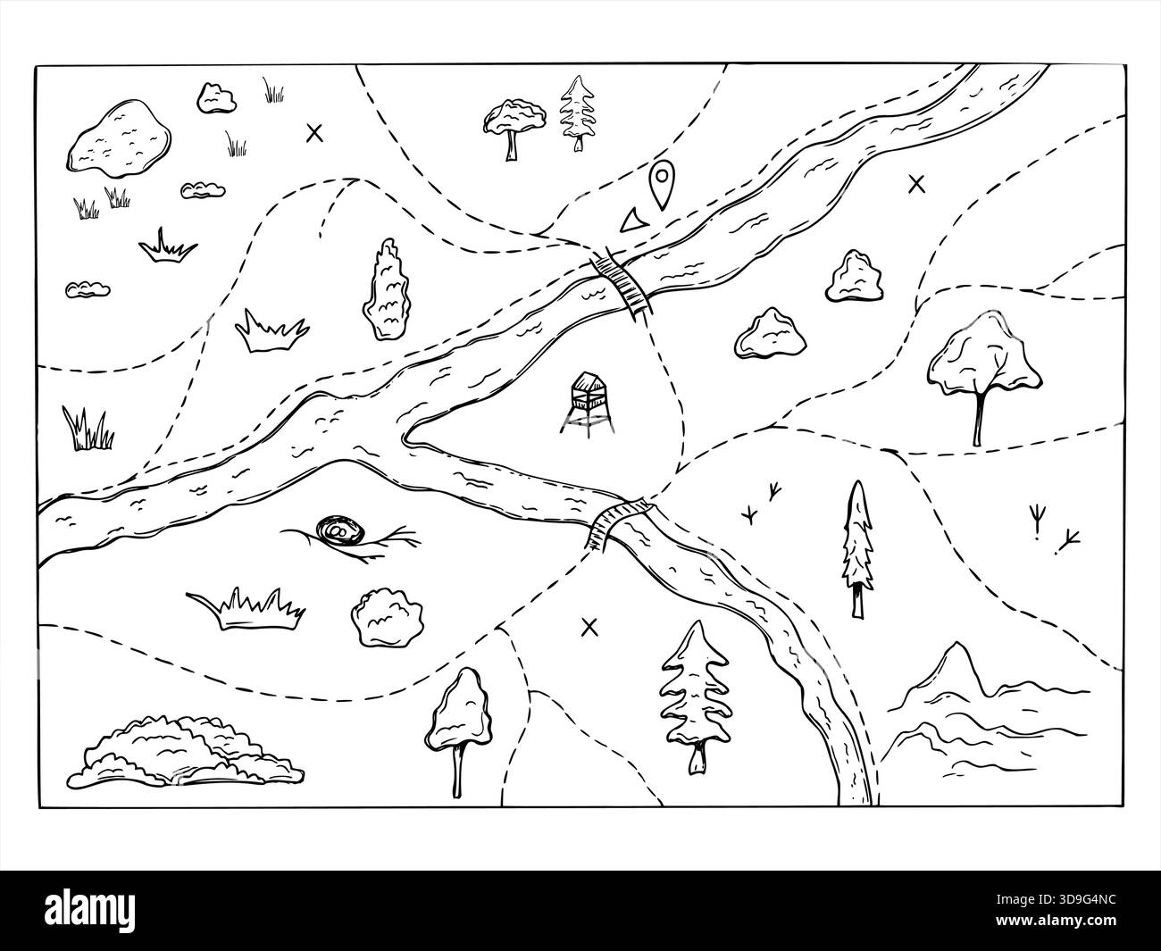 Mappa dettagliata del parco o dell'area forestale in stile doodle. Mappa monocromatica vettoriale dei bambini per la caccia al tesoro, la navigazione o l'osservazione degli animali. Vista dall'alto. Illustrazione Vettoriale