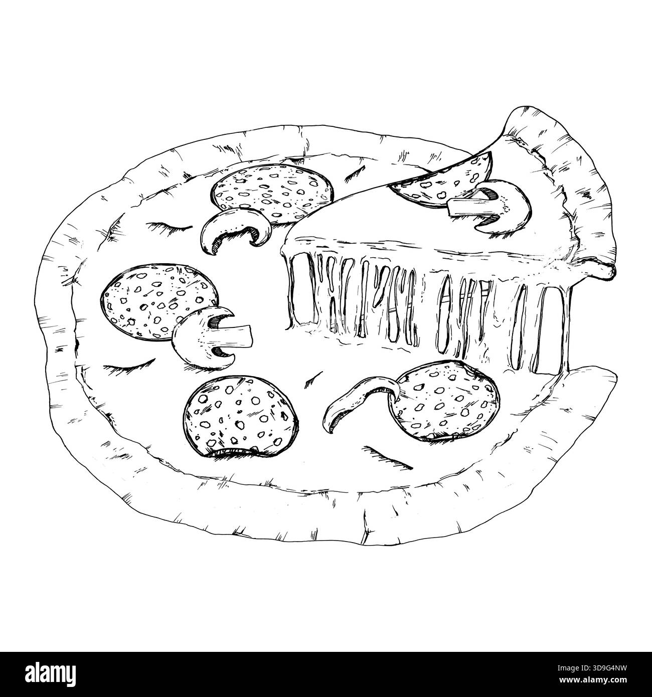 Illustrazione vettoriale di una pizza condita con fette di salame, funghi, con un pezzo sollevato per mostrare il formaggio fuso che si estende. Adatto per il menu Illustrazione Vettoriale