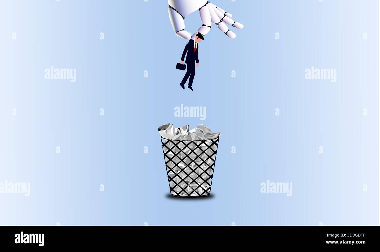 La mano del robot AI tiene un lavoratore umano sopra un cestino della spazzatura, simboleggiando l'acquisizione dell'automazione, lo spostamento della forza lavoro, il cambiamento tecnologico e la crescente uncer Foto Stock