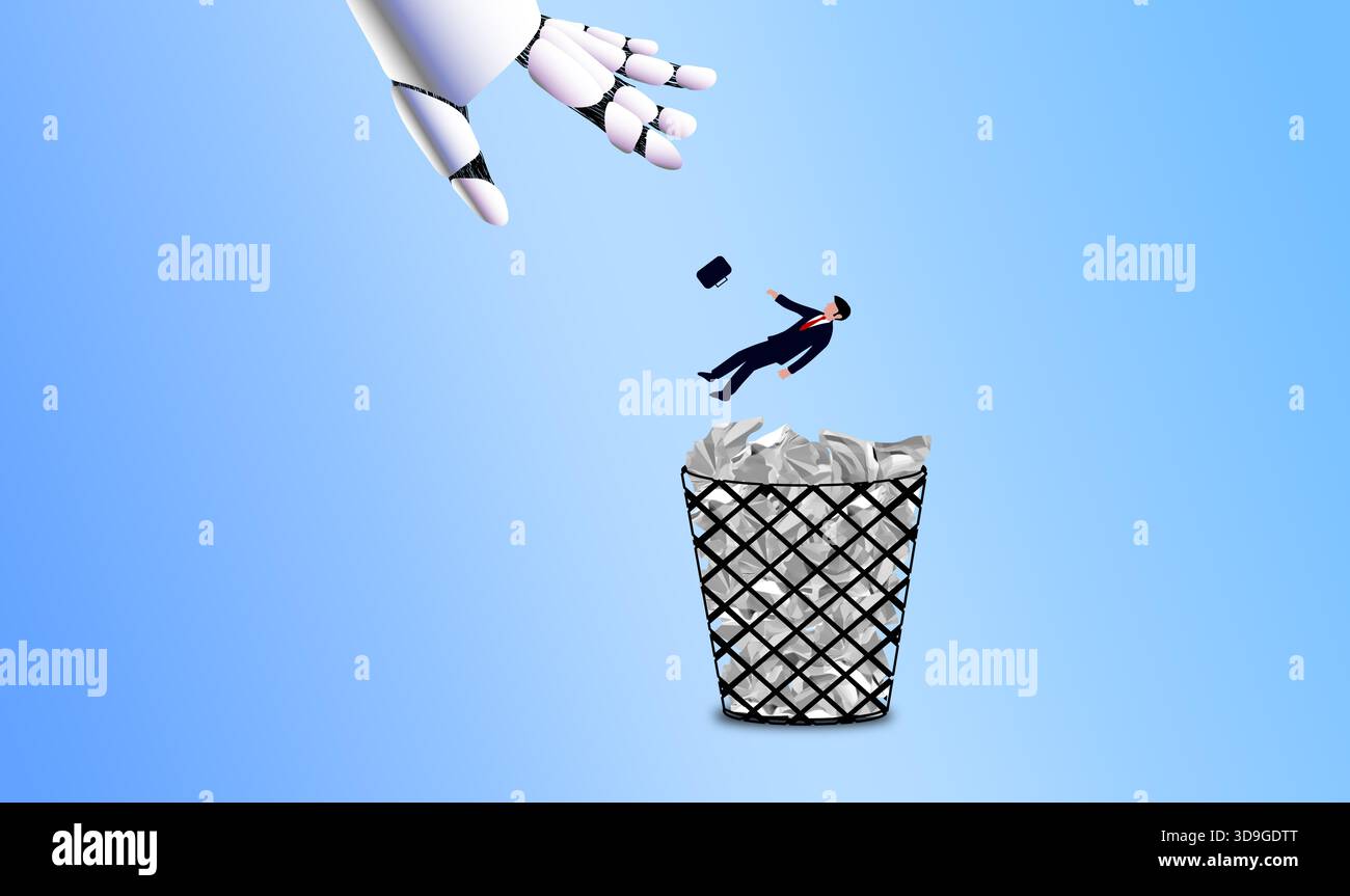 Una mano robotica che fa cadere un uomo d'affari in un cestino pieno di carta sfregata, simboleggiando l'interruzione dell'intelligenza artificiale, lo spostamento del lavoro e il trasferimento dell'automazione Foto Stock