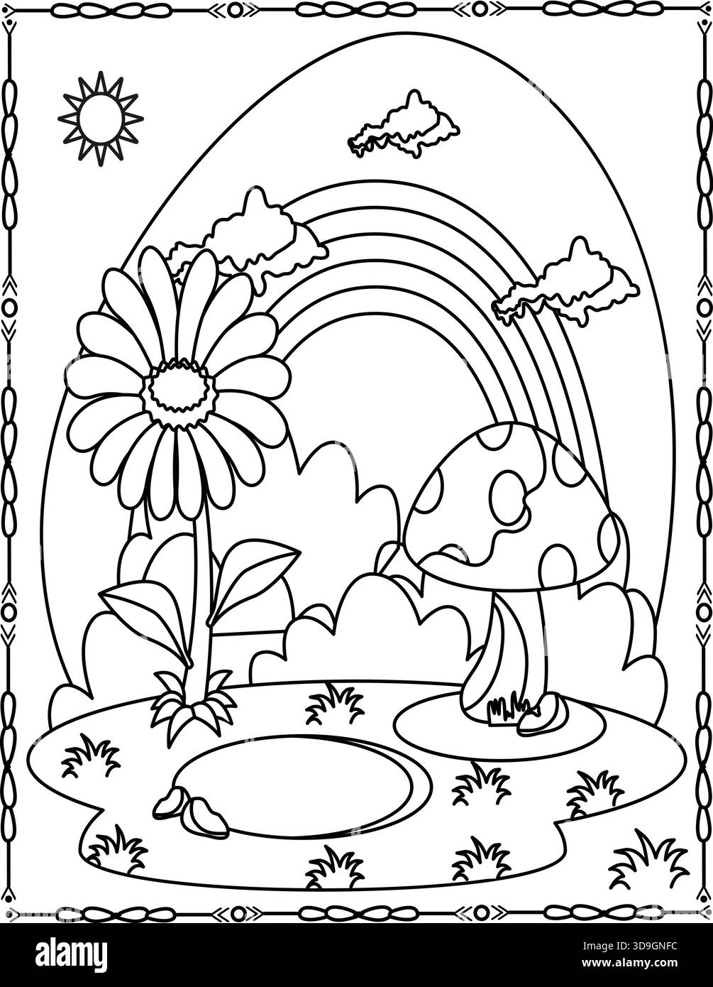 Rainbow Garden Coloring Page per bambini e adulti. Scena di fiori e funghi carini per bambini. Illustrazione Vettoriale