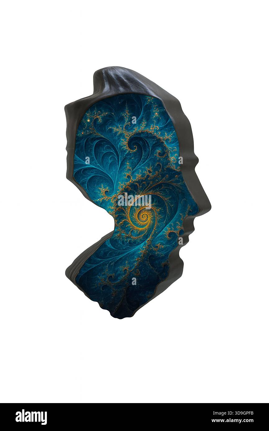 Scultura a profilo nero con design interno frattale blu, arte astratta Foto Stock