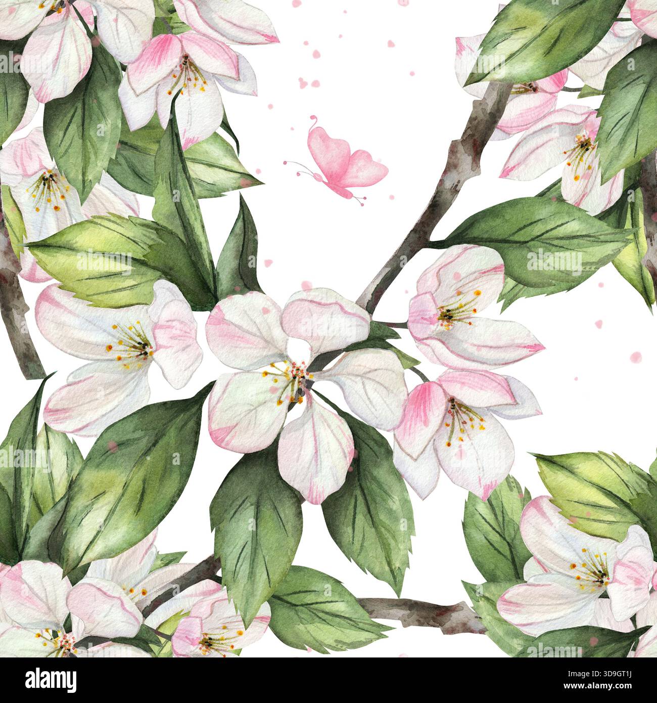 Delicato motivo ad acquerello senza cuciture con fiori di mele e foglie verdi. Romantico design floreale con farfalla rosa su sfondo bianco. Elegante illustrazione botanica per carta da parati e tessuti Foto Stock