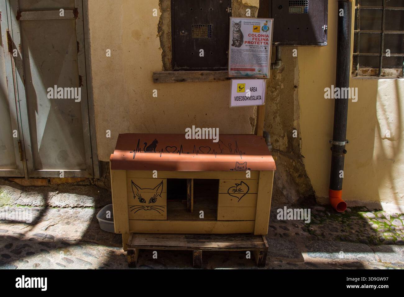 Cefalù, Italia - 19 maggio 2025. In uno stretto vicolo residenziale, un piccolo rifugio in legno costruito su misura per gatti di strada, decorato con opere d'arte disegnate a mano Foto Stock