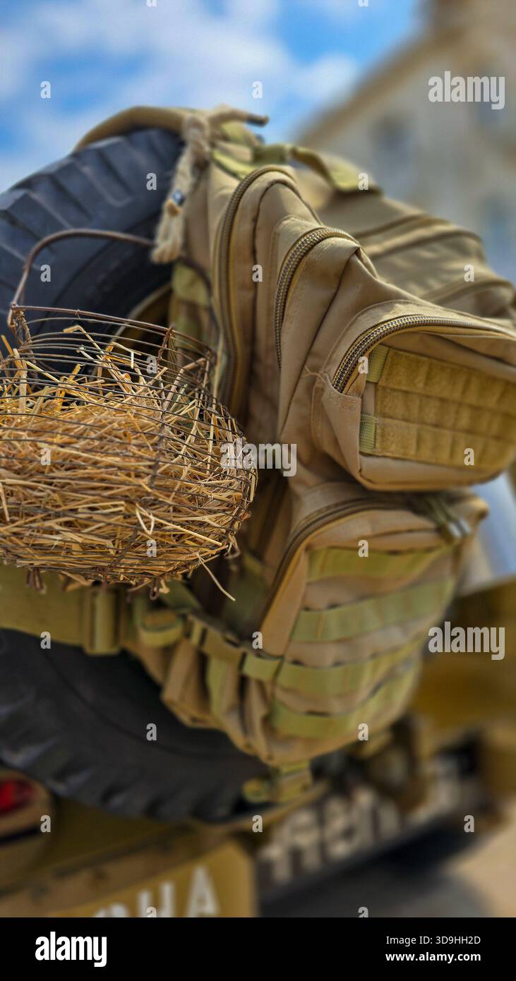 Zaino tattico Tasmanian Tiger Mission Pack MKII e cestino in metallo con nido di paglia. Messa a fuoco selettiva. Guerra e pace. Foto Stock