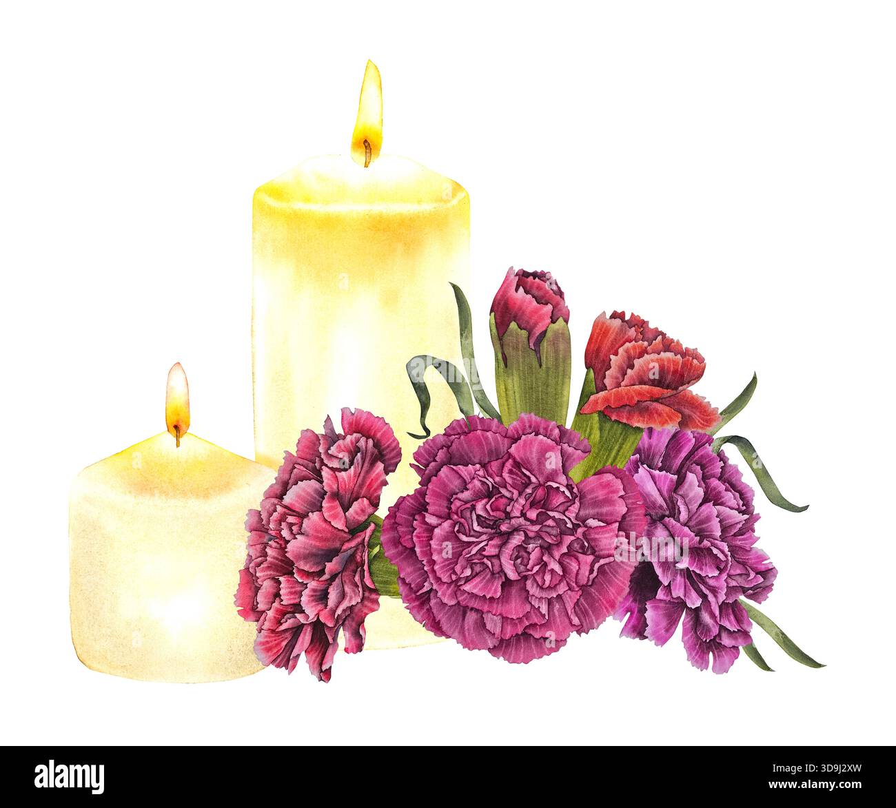 Illustrazione ad acquerello garofani rossi e rosa con due candele accese in stile botanico realistico. per le carte commemorative congratulence progetta la memoria Foto Stock