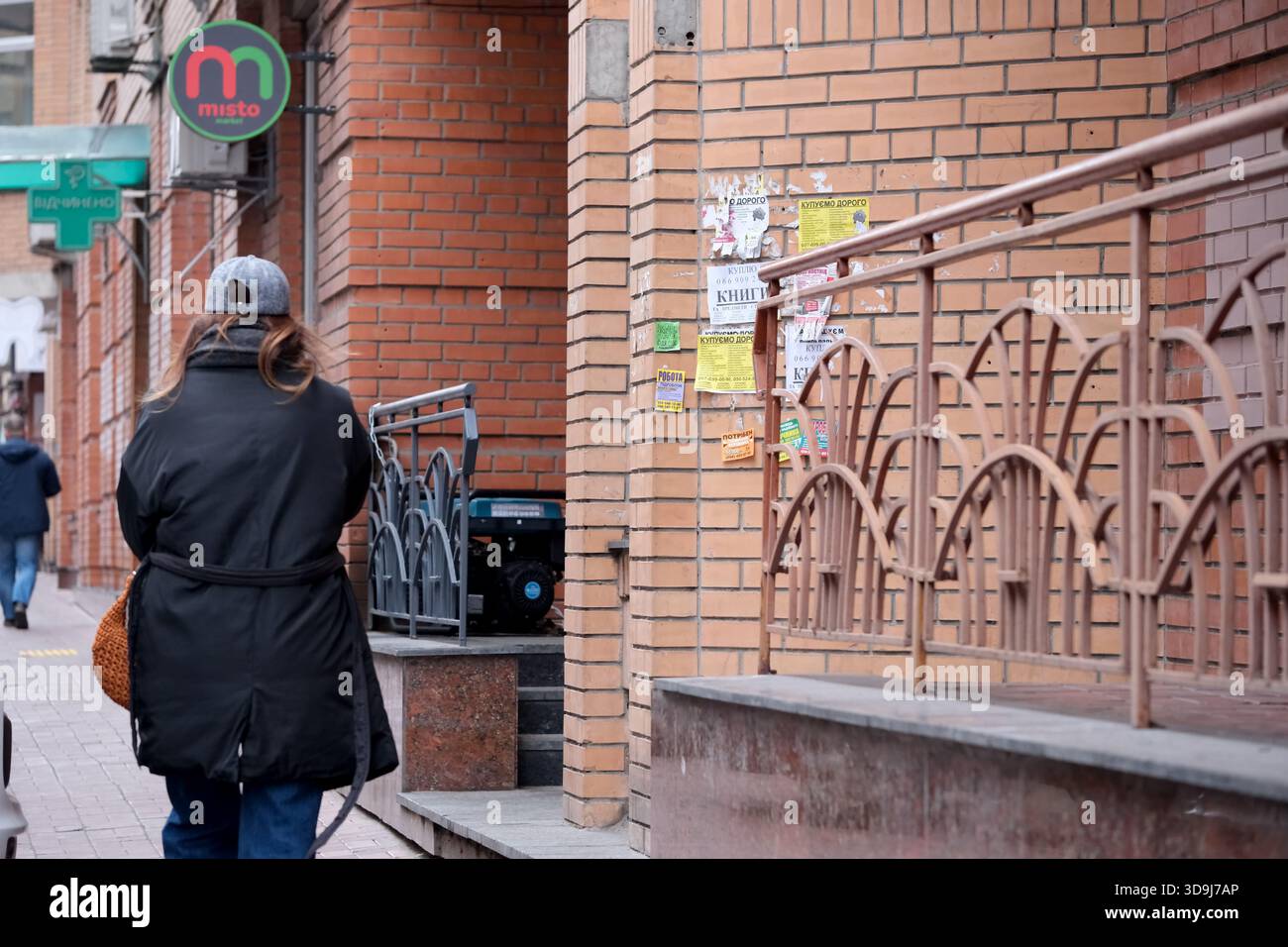 Una donna cammina lungo un sentiero di mattoni, passando poster vivaci lungo il suo cammino. Kiev, Ucraina. 5 dicembre 2025. Foto Stock