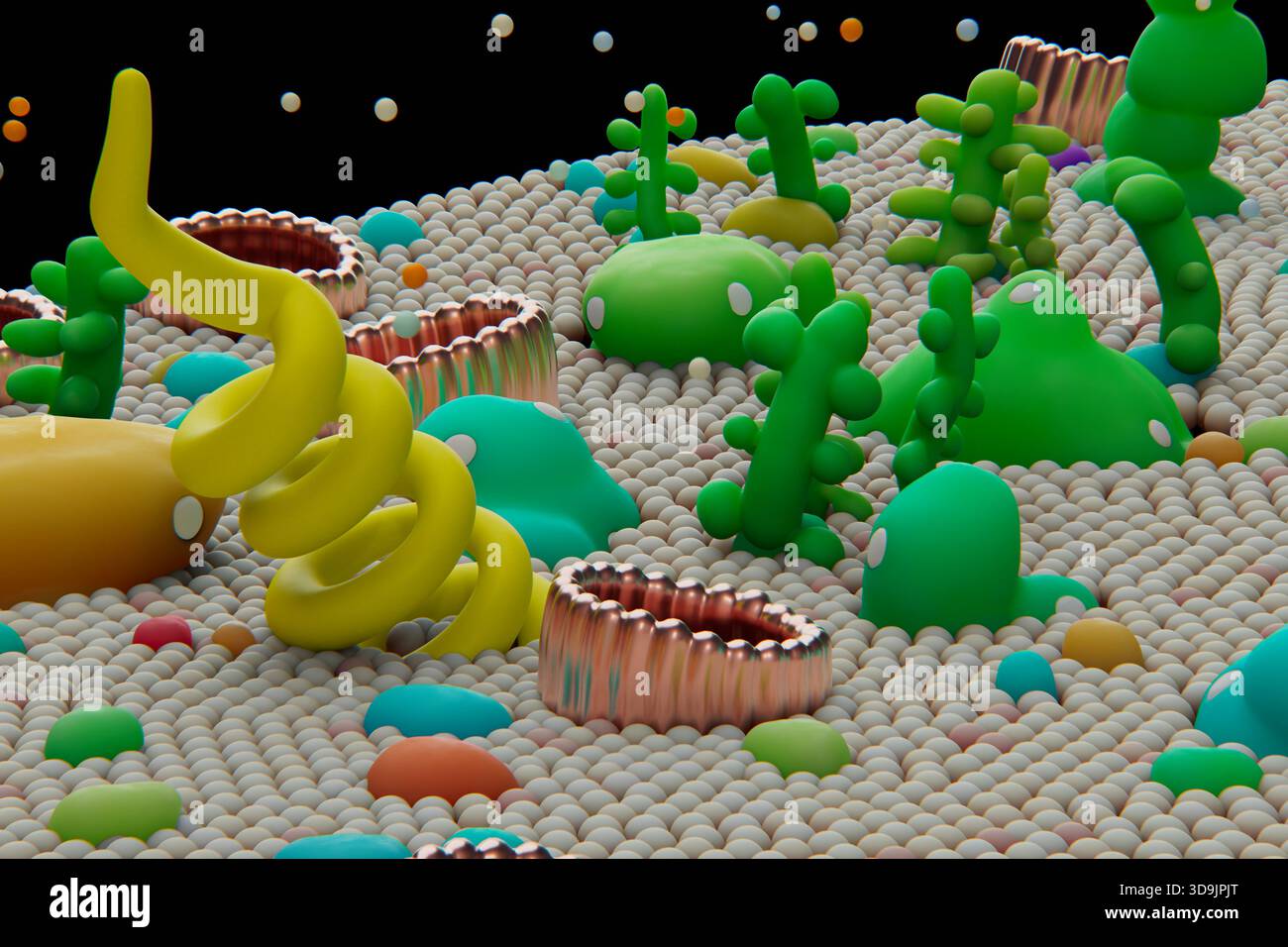 Immagine di una membrana di plasma con il bilayer lipidico. La membrana plasmatica (nota anche come membrana cellulare o membrana citoplasmatica) è una membrana biologica semipermeabile che separa e protegge l'interno di una cellula dall'ambiente esterno. È costituito da vari componenti quali molecole fosfolipidiche, canali proteici, glicoproteine, proteine globulari, proteine integrali, e carboidrati. Foto Stock