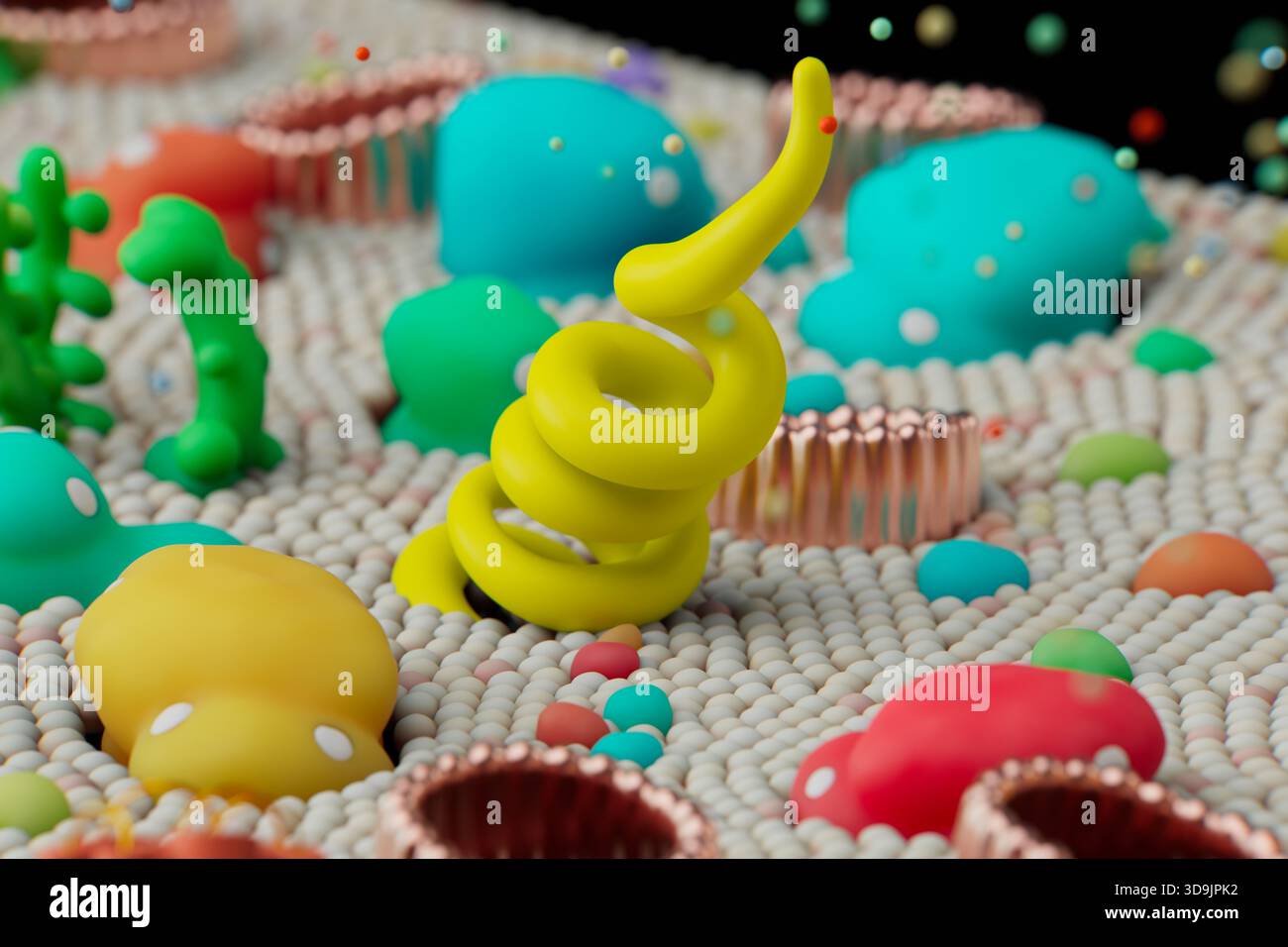 Immagine di un canale proteico in una membrana di plasma. La membrana plasmatica (nota anche come membrana cellulare o membrana citoplasmatica) è una membrana biologica semipermeabile che separa e protegge l'interno di una cellula dall'ambiente esterno. È costituito da vari componenti quali molecole fosfolipidiche, canali proteici, glicoproteine, proteine globulari, proteine integrali, e carboidrati. I canali proteici sono strutture porose nelle membrane cellulari che consentono il passaggio di ioni e molecole specifici. Foto Stock