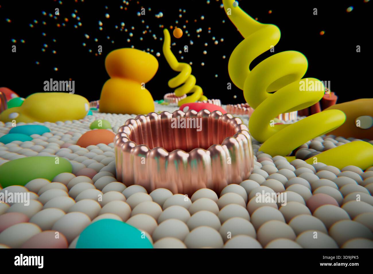 Immagine di un poro in una membrana di plasma. La membrana plasmatica (nota anche come membrana cellulare o membrana citoplasmatica) è una membrana biologica semipermeabile che separa e protegge l'interno di una cellula dall'ambiente esterno. È costituito da vari componenti quali molecole fosfolipidiche, canali proteici, glicoproteine, proteine globulari, proteine integrali, e carboidrati. I pori della membrana consentono il movimento delle molecole tra l'interno della cellula e l'ambiente extracellulare. Foto Stock