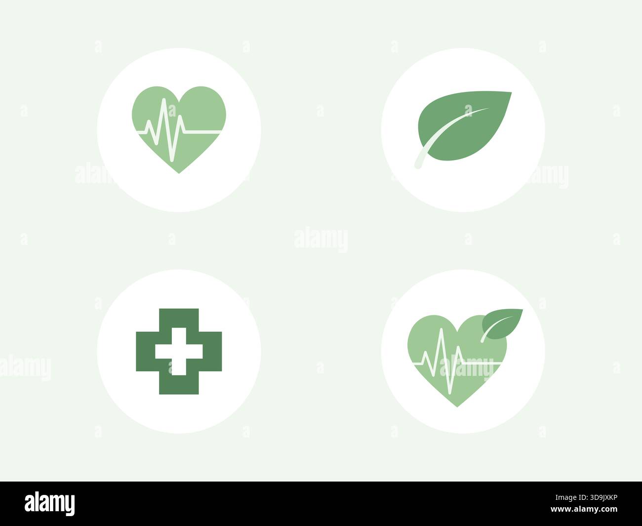 Set icona salute e benessere con Heartbeat, croce medica e simbolo foglia in un design minimale verde. Illustrazione Vettoriale