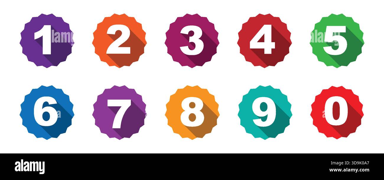 Numeri colorati da 0 a 9 su ombre lunghe, ciascuno con un numero. Illustrazione Vettoriale