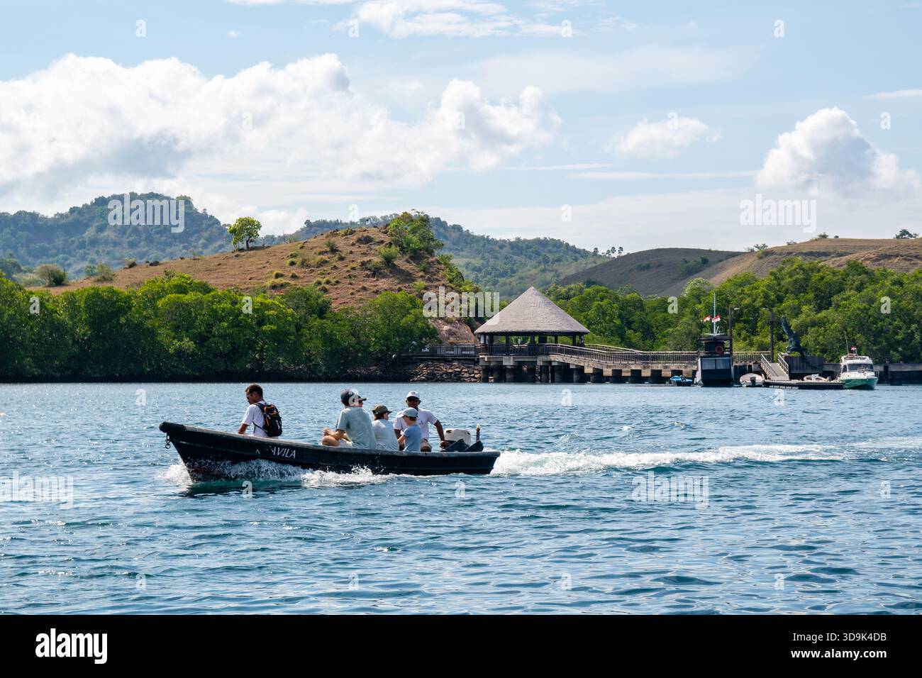 Barca con turisti che lasciano l'isola di Rinca, barca, Komodo, Rinca, Parco Nazionale di Komodo, Indonesia Foto Stock