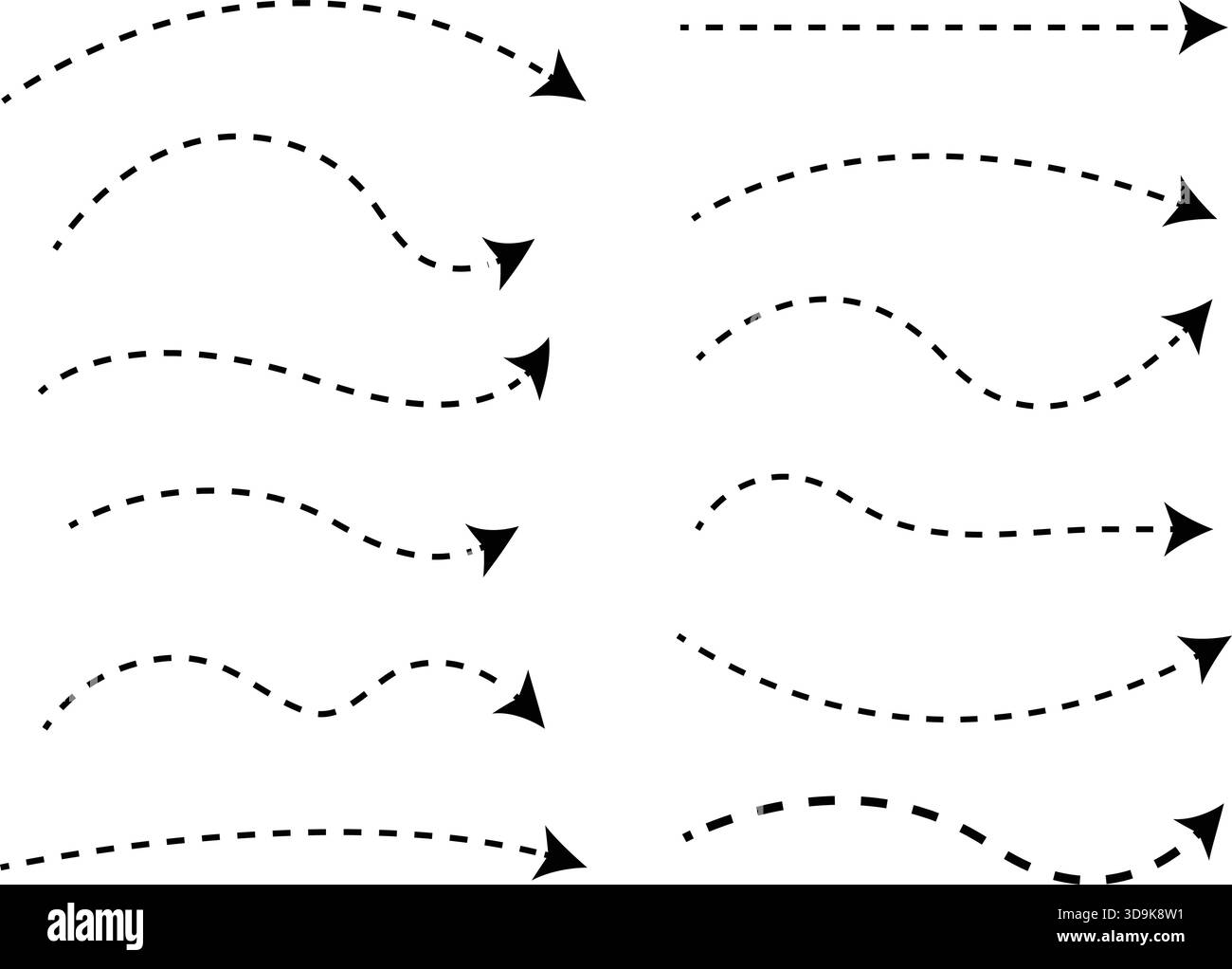 Raccolta di percorsi freccia curvi e ondulati tratteggiati Illustrazione Vettoriale