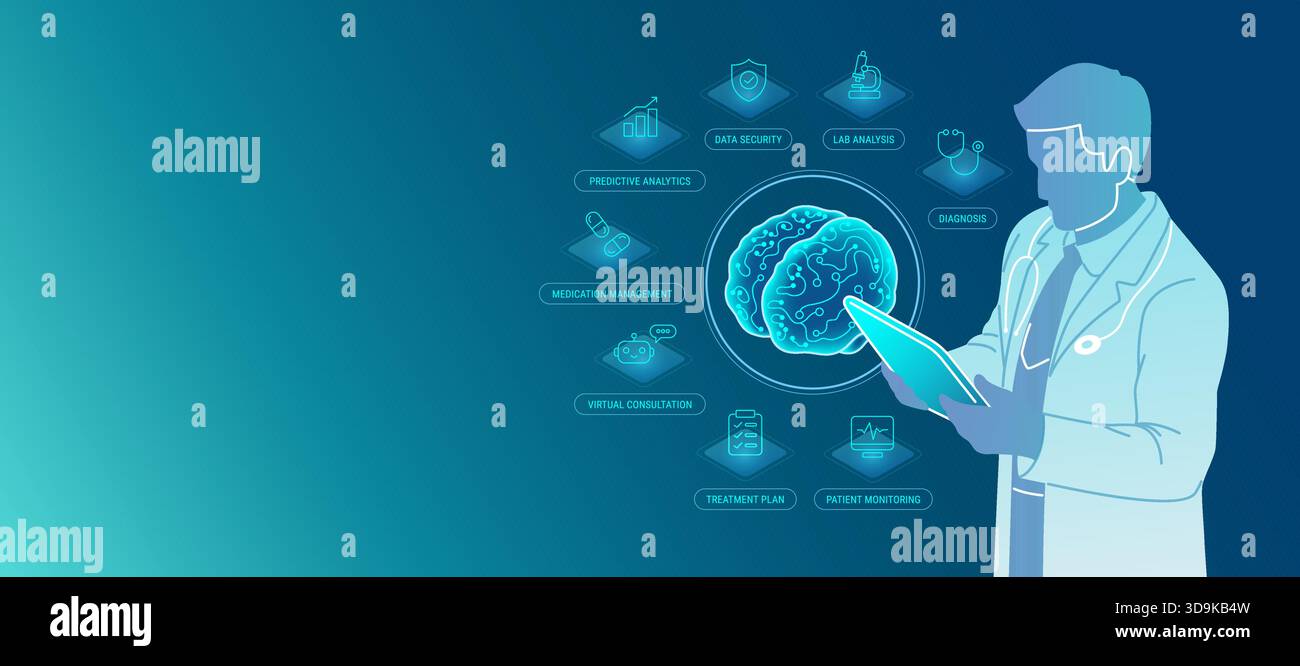 Assistente AI per un concetto di Dottore - diagnosi, trattamento del paziente, farmaci, test di laboratorio. Immagine di Vector medtech di un medico con un tablet collegato Illustrazione Vettoriale